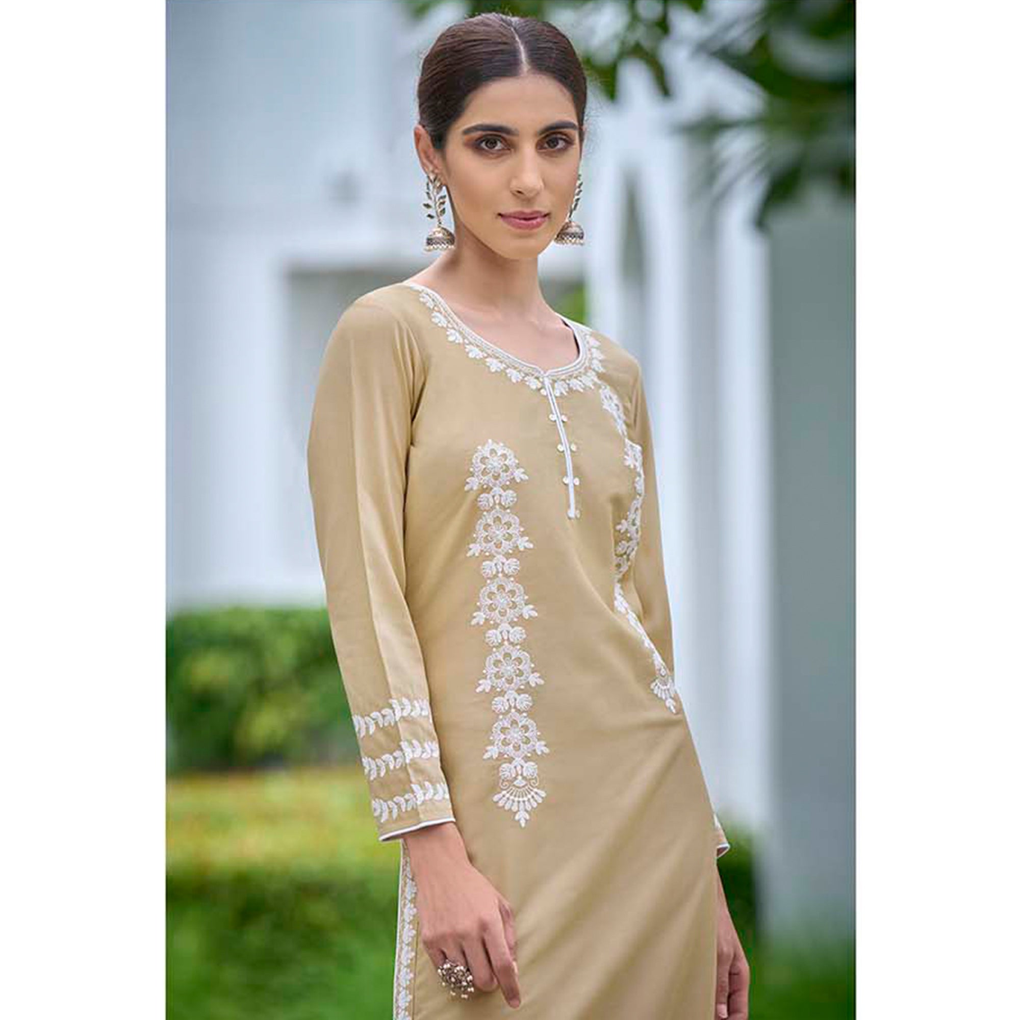 Beige Lucknowi Embroidered Rayon Kurti