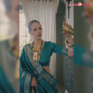 Turquoise Woven Art Silk Saree With Tassels