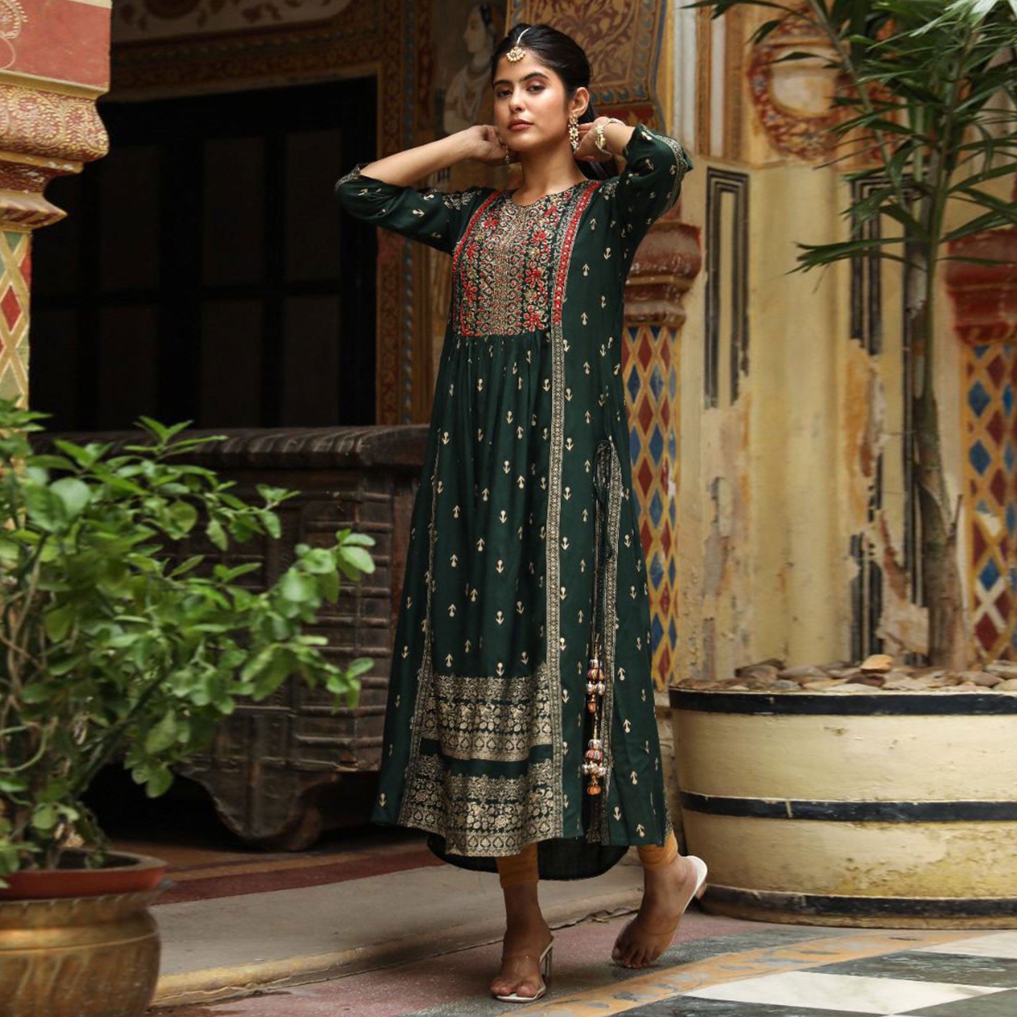 Green Printed With Embroidered Rayon Naira Cut Kurti