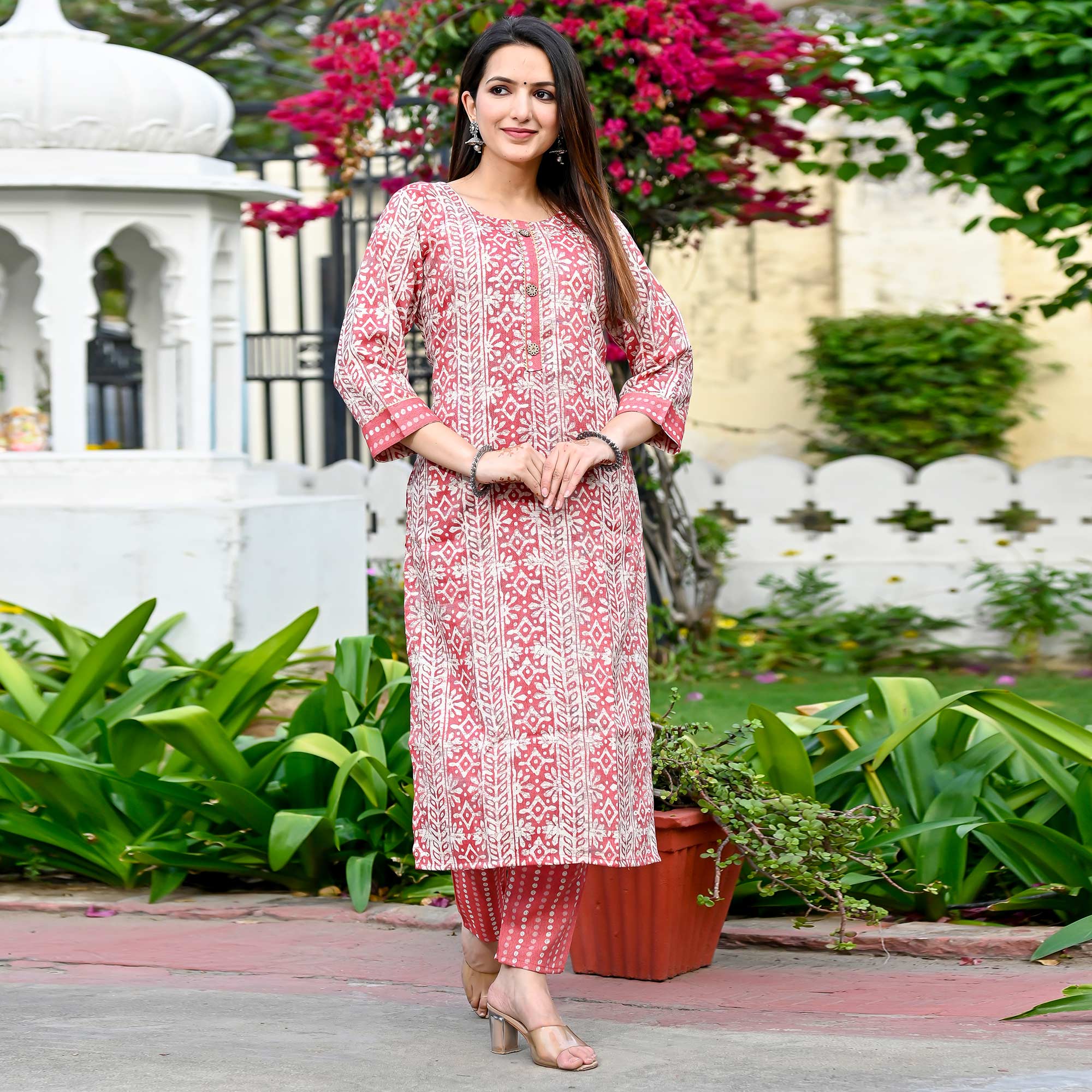 Peach Floral Foil Printed Rayon Suit