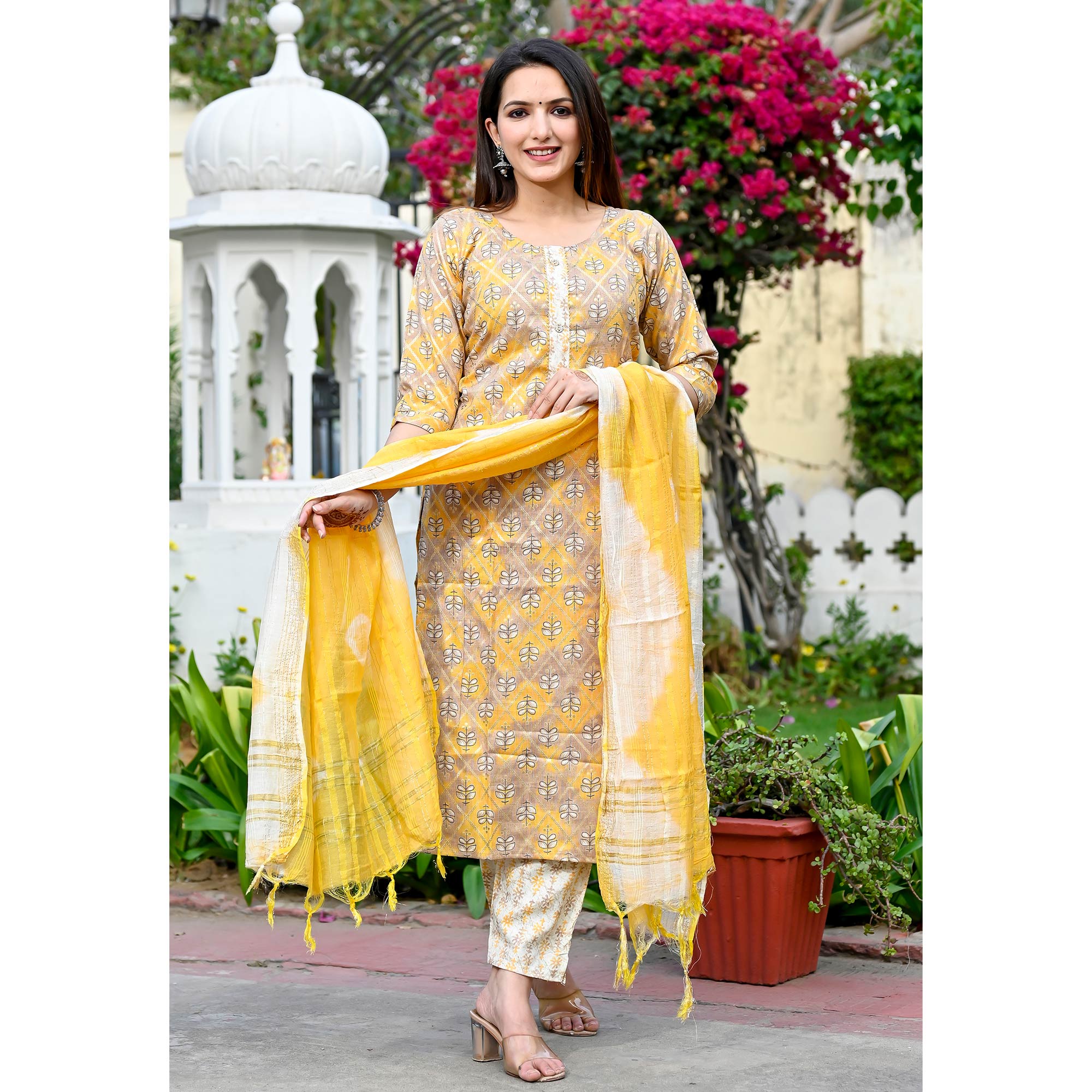 Yellow Floral Foil Printed Rayon Suit