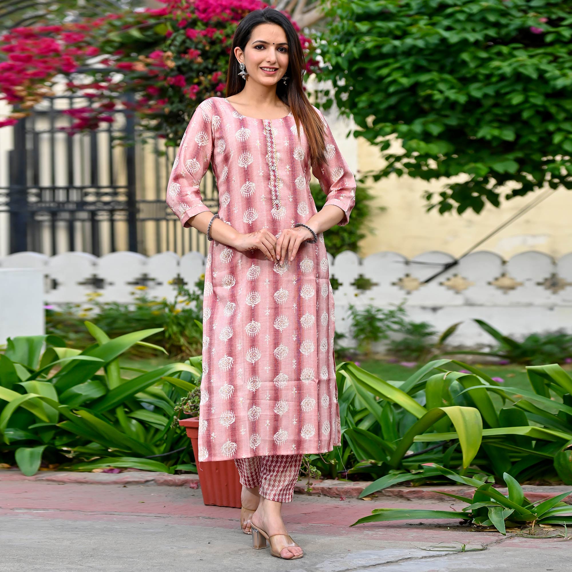 Peach Floral Foil Printed Rayon Suit