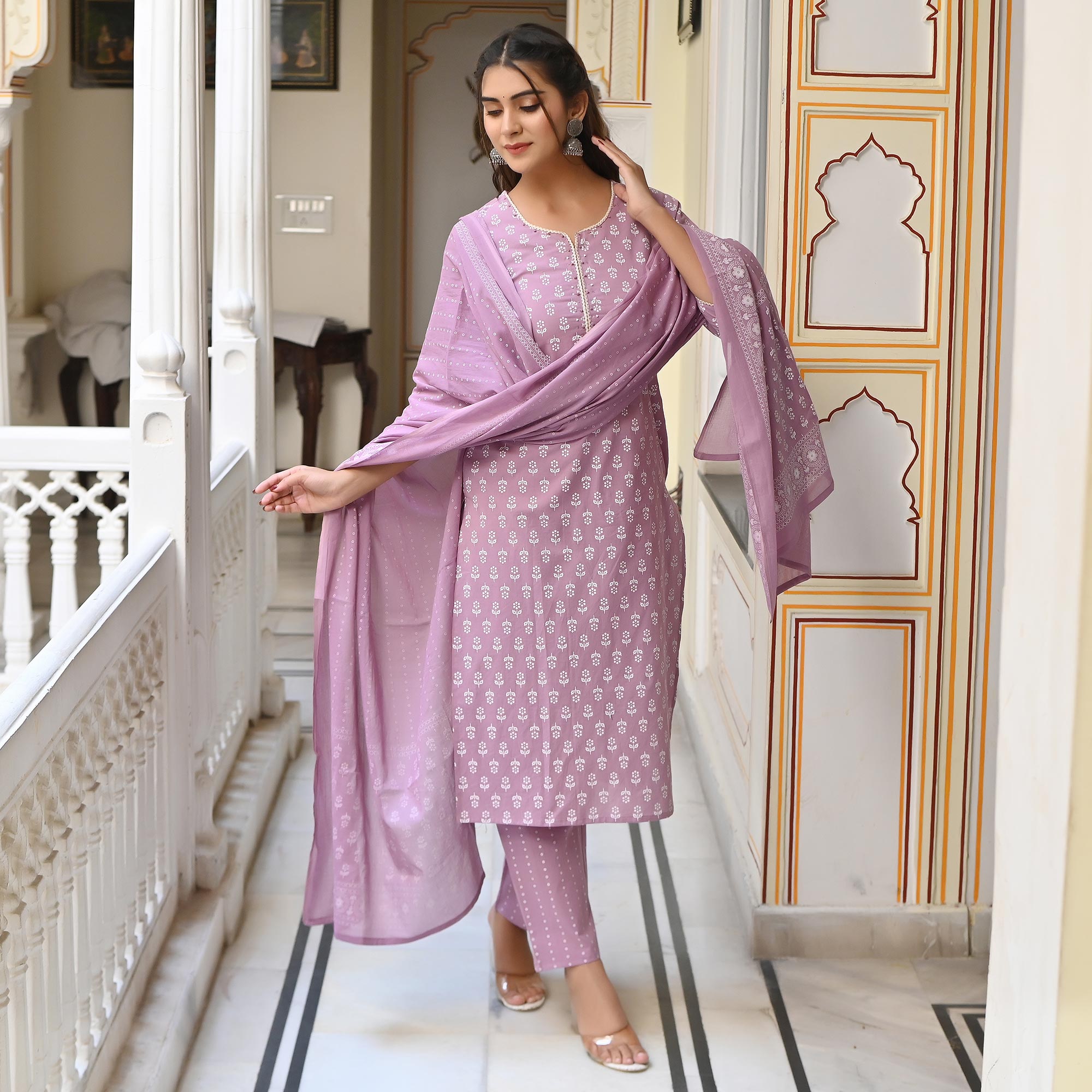 Lavender Jaipuri Printed Pure Cotton Salwar Suit