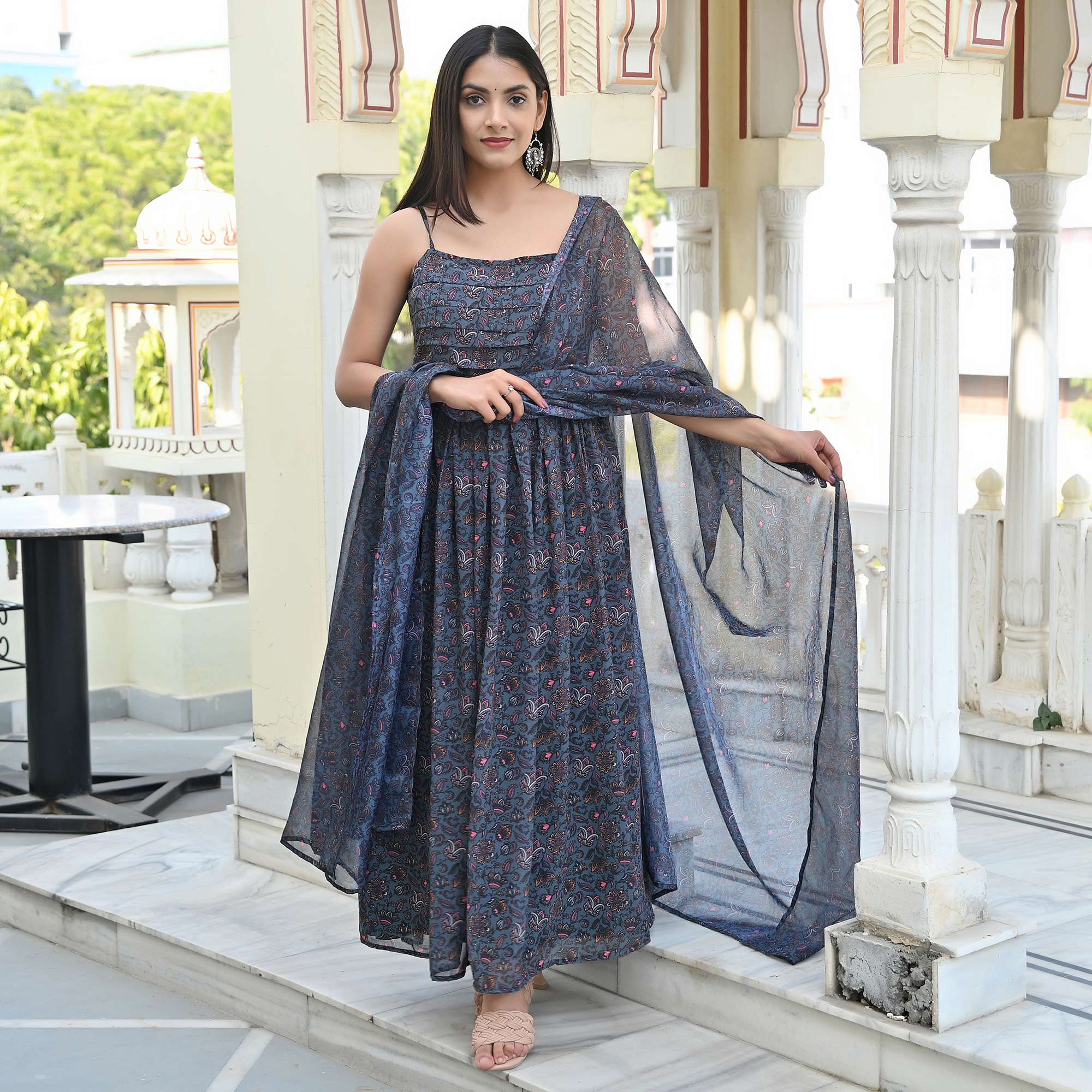 Grey Floral Digital Printed Georgette Gown