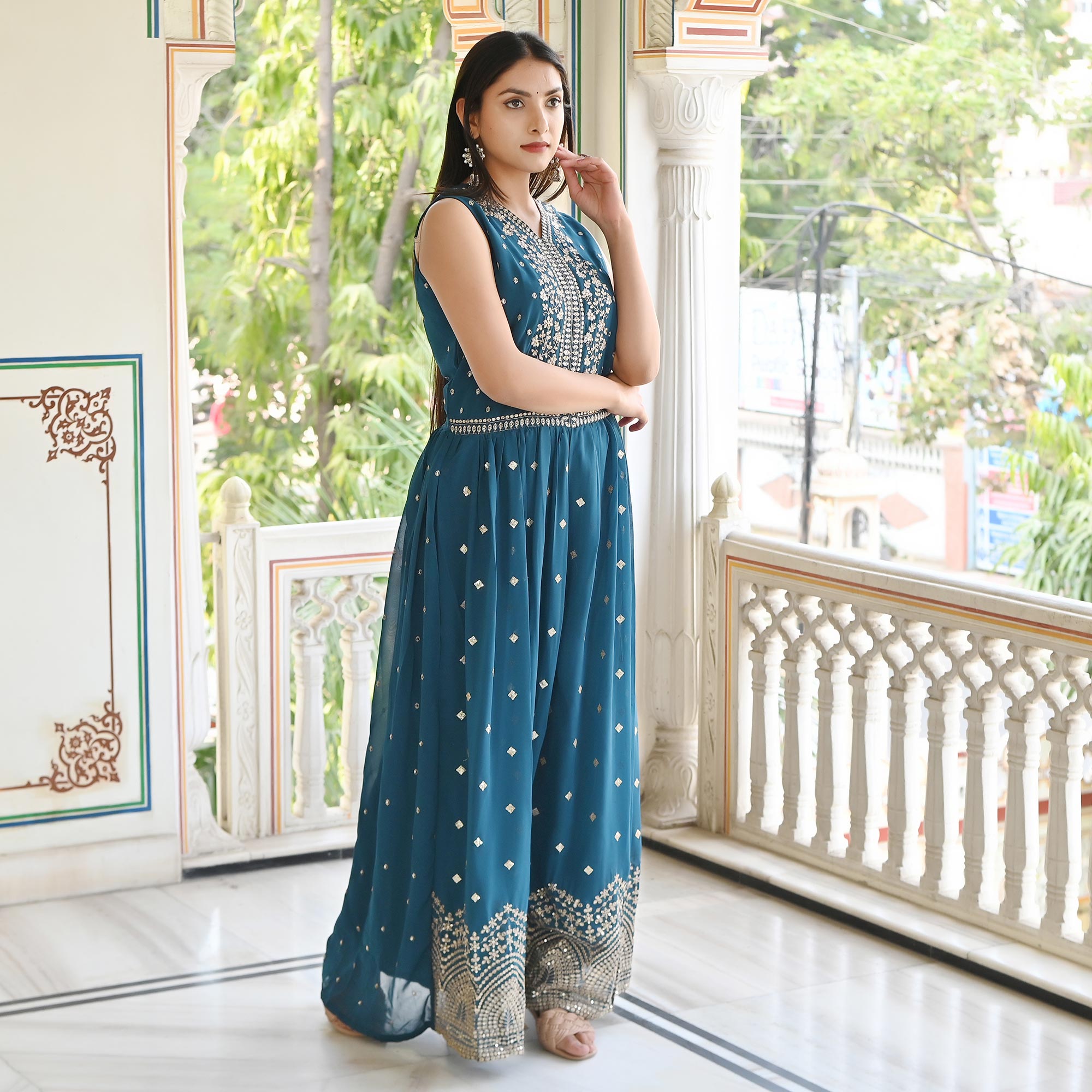 Blue Sequins Embroidered Georgette Jumpsuit