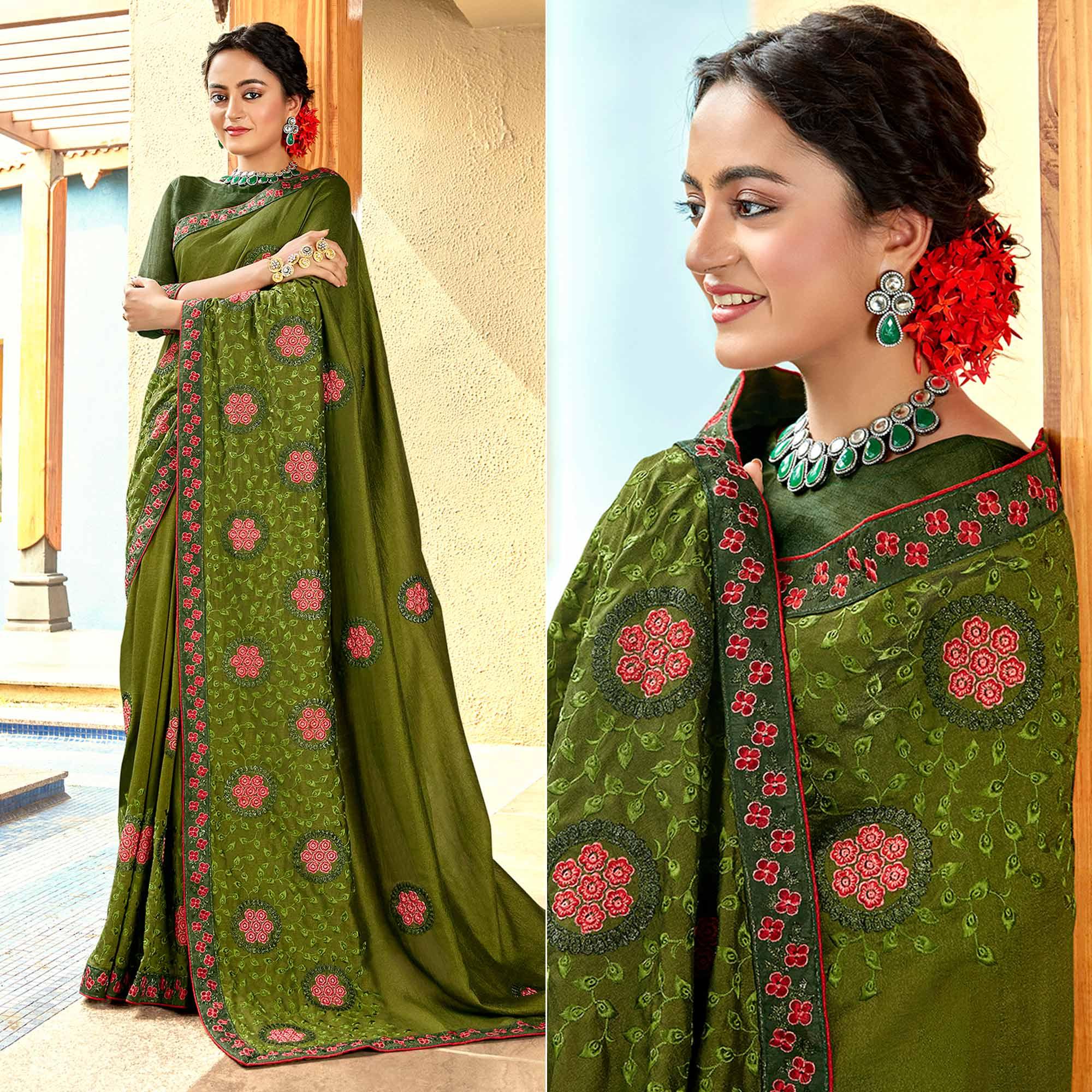 Green Floral Embroidered Vichitra Silk Saree - Peachmode