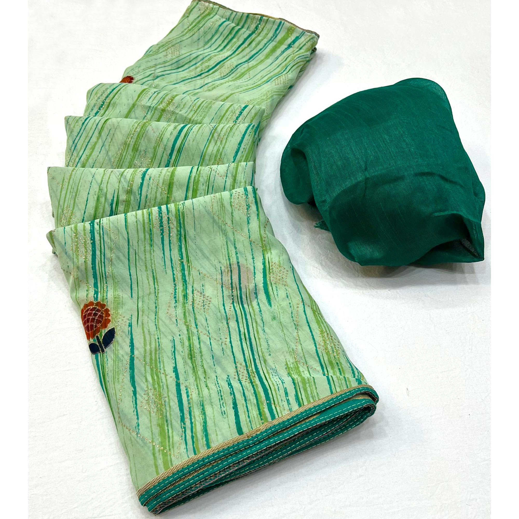 Green Printed Raw Silk Saree With Fancy Border