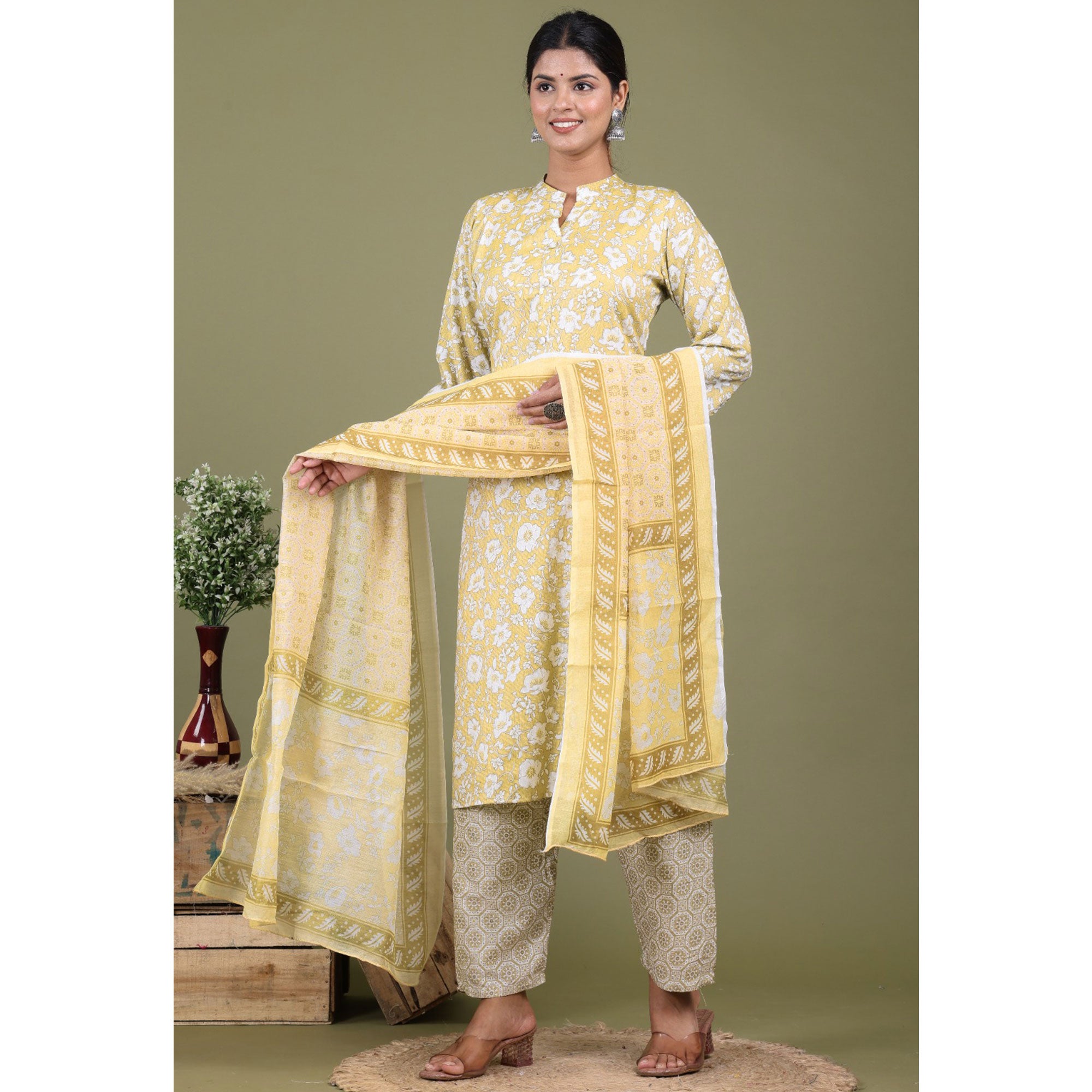 Yellow Floral Foil Printed Rayon Suit