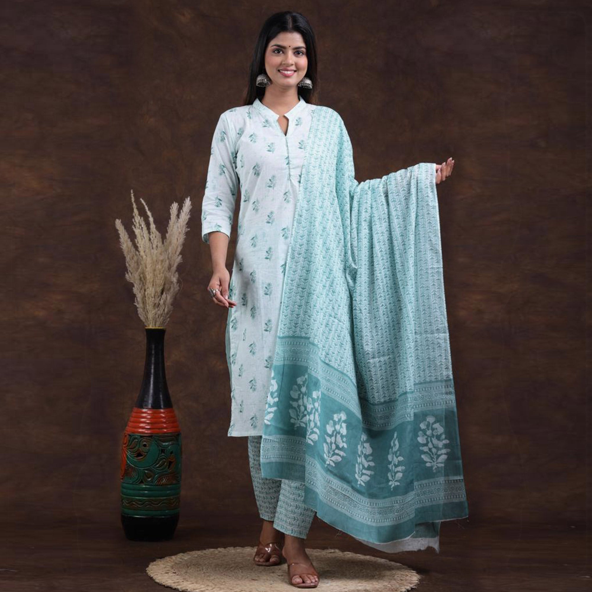 White-Rama Blue Jaipuri Printed Pure Cotton Suit