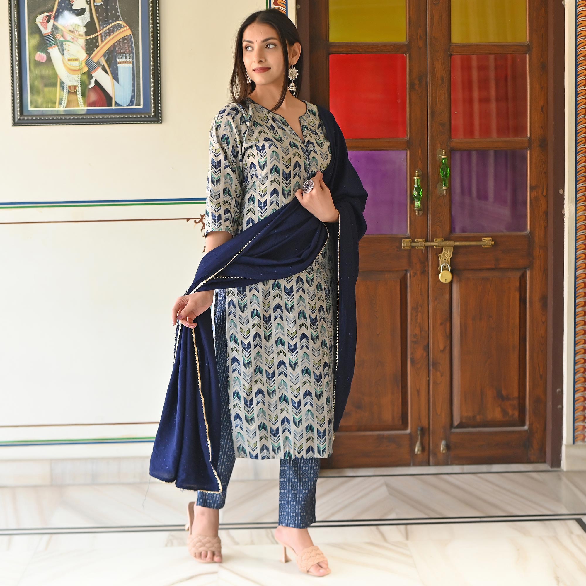 Blue Printed Chanderi Salwar Suit