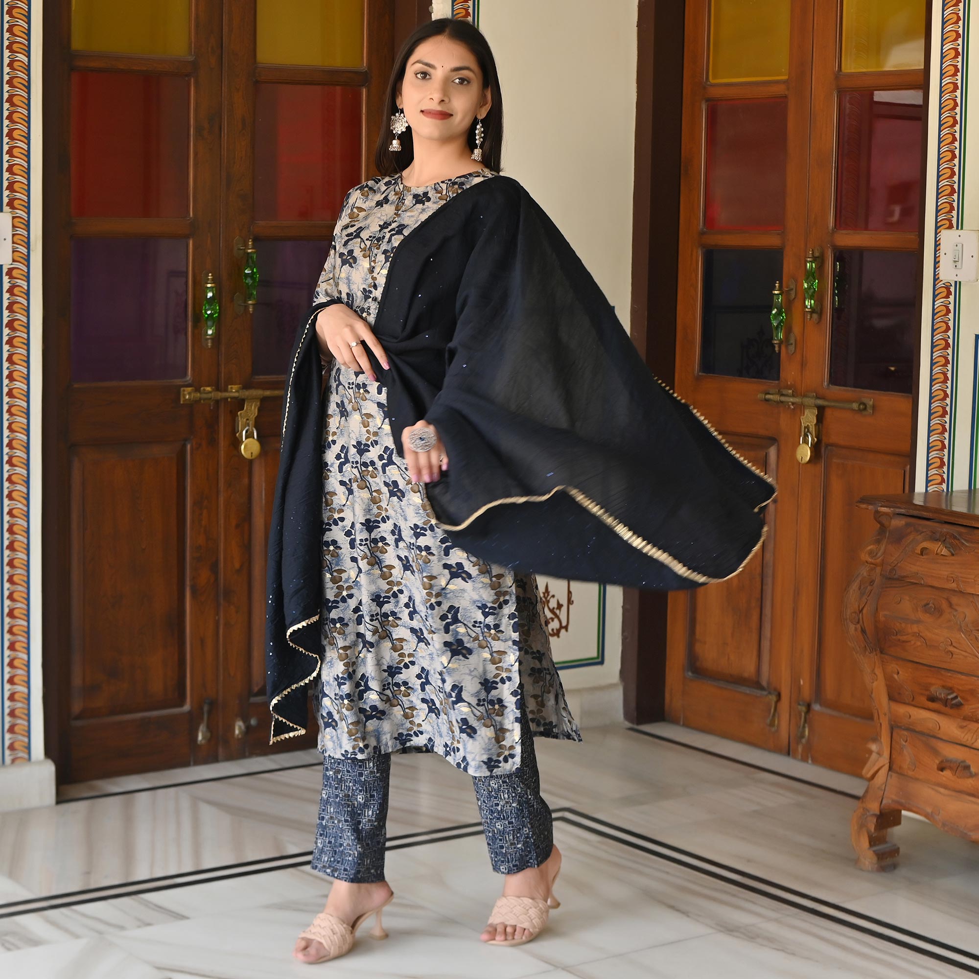 Blue Printed Chanderi Salwar Suit