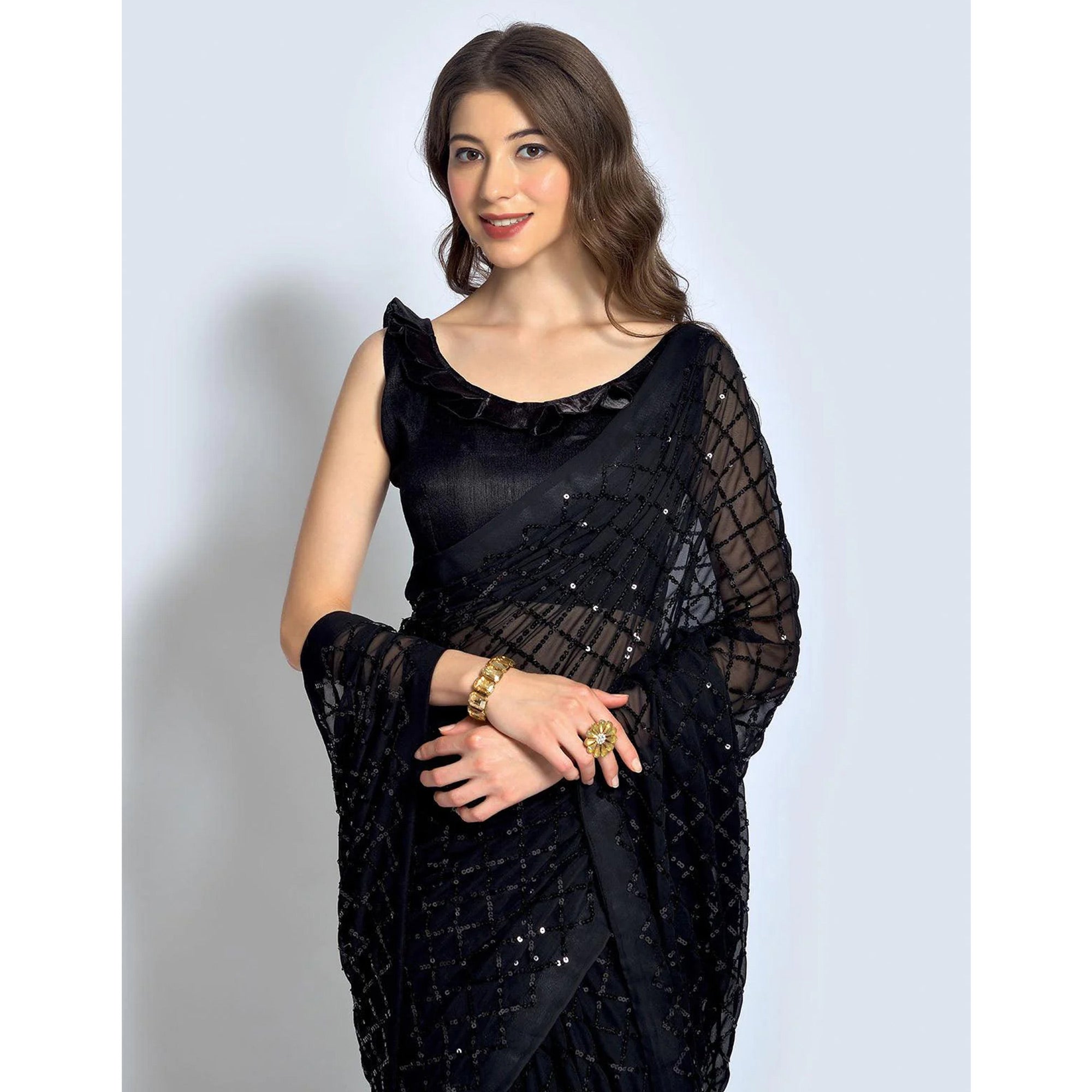 Black Sequins Work Georgette Saree
