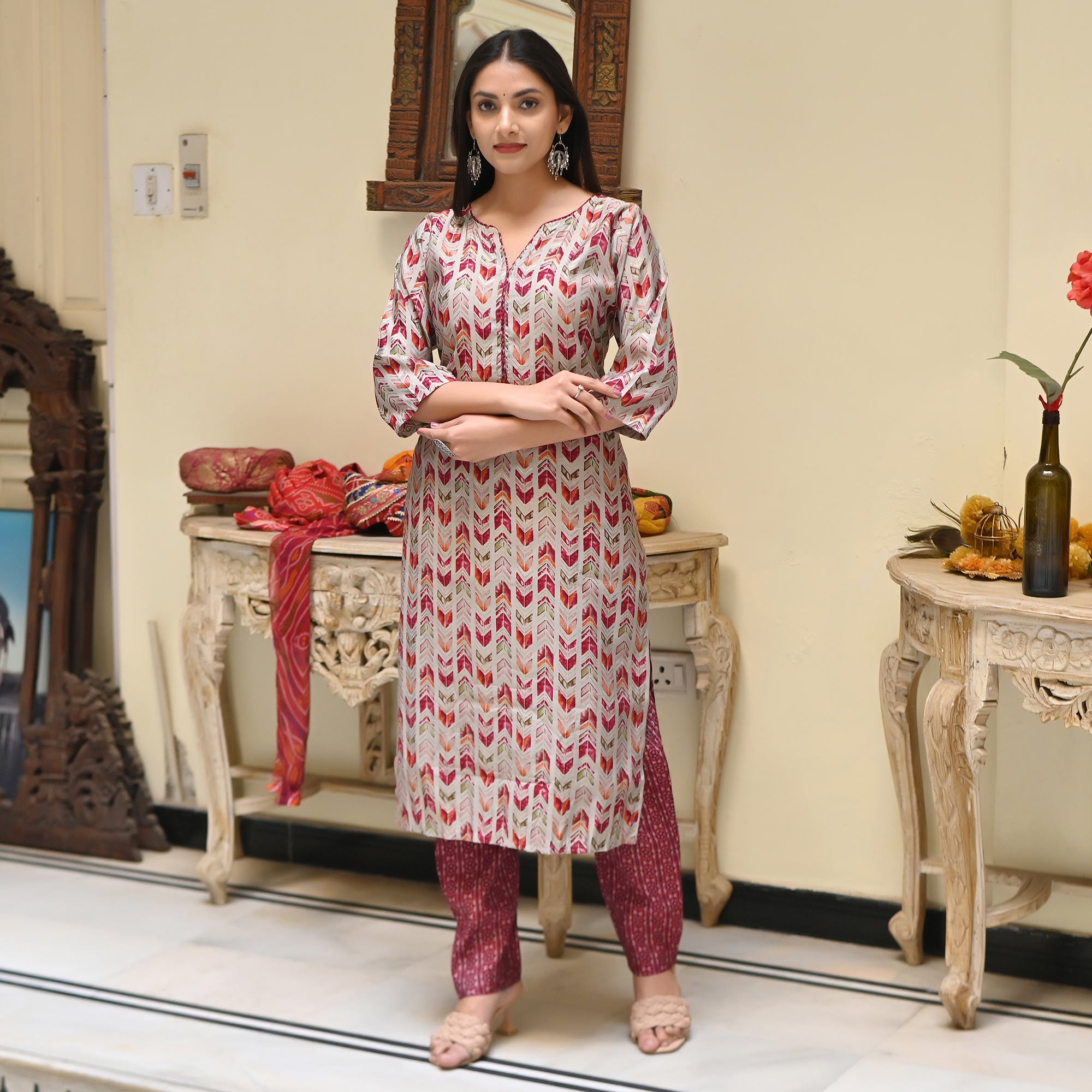 Off White & Maroon Printed Chanderi Salwar Suit