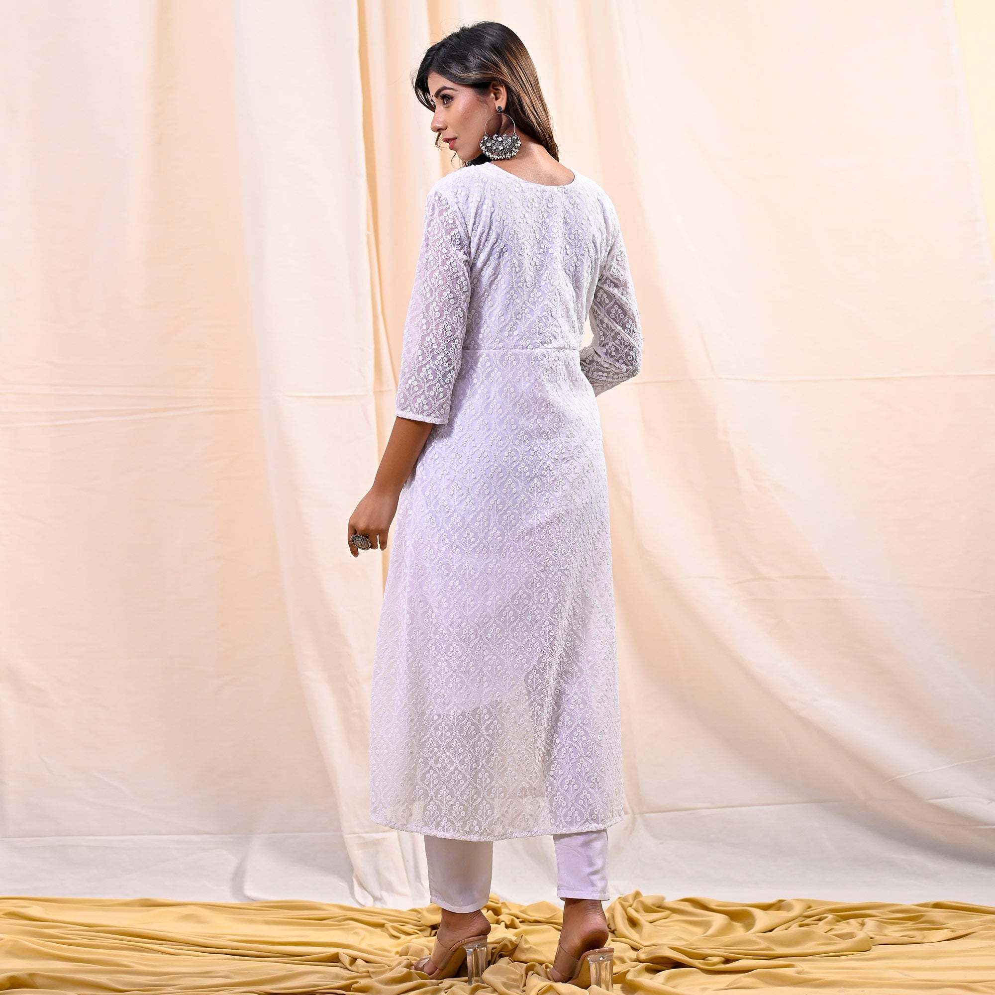 White Chikankari Work Georgette Anarkali Suit