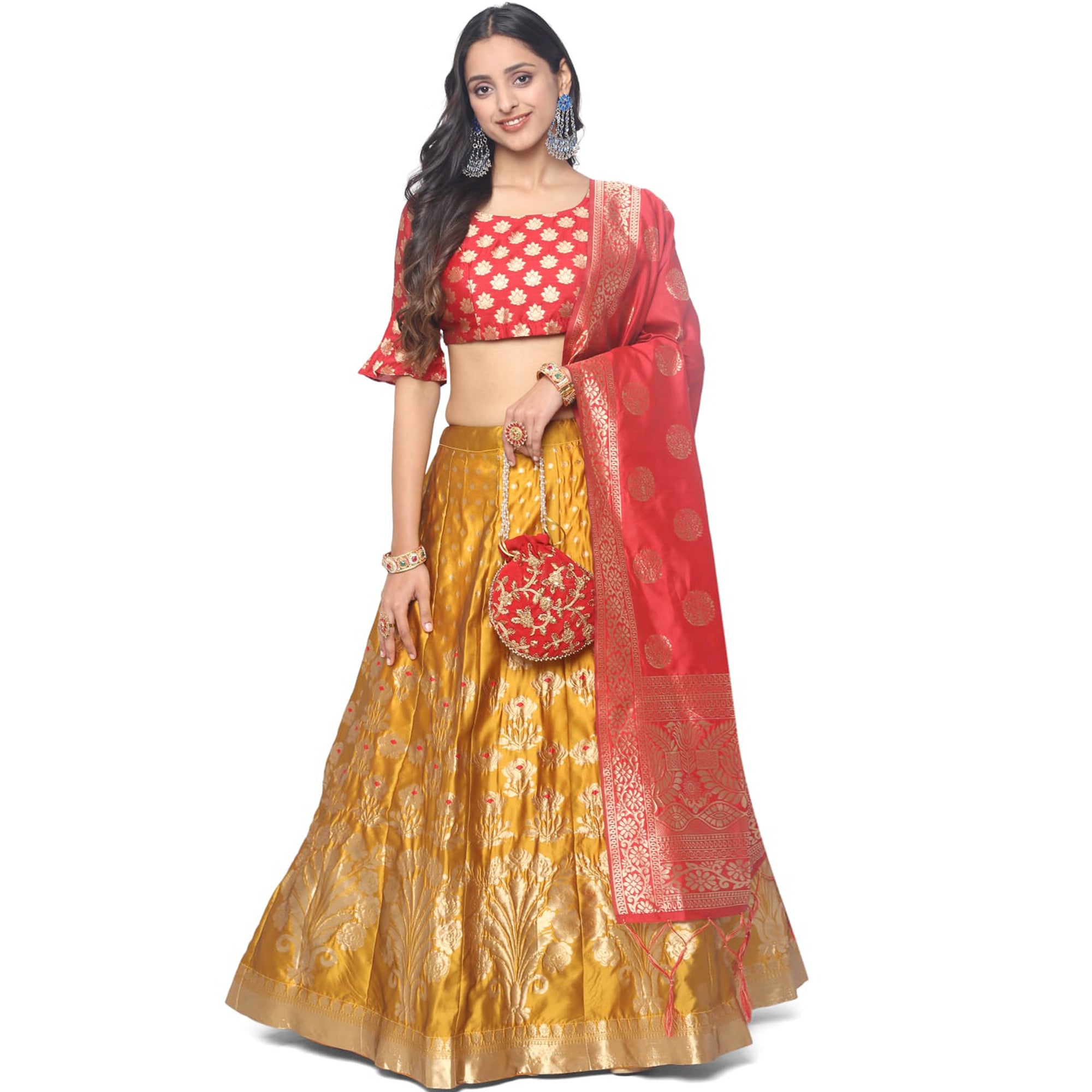 Mustard Woven Jacquard Lehenga Choli