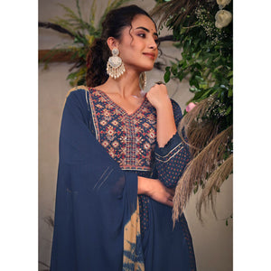 Blue Floral Printed With Embroidered Muslin Naira Cut Suit