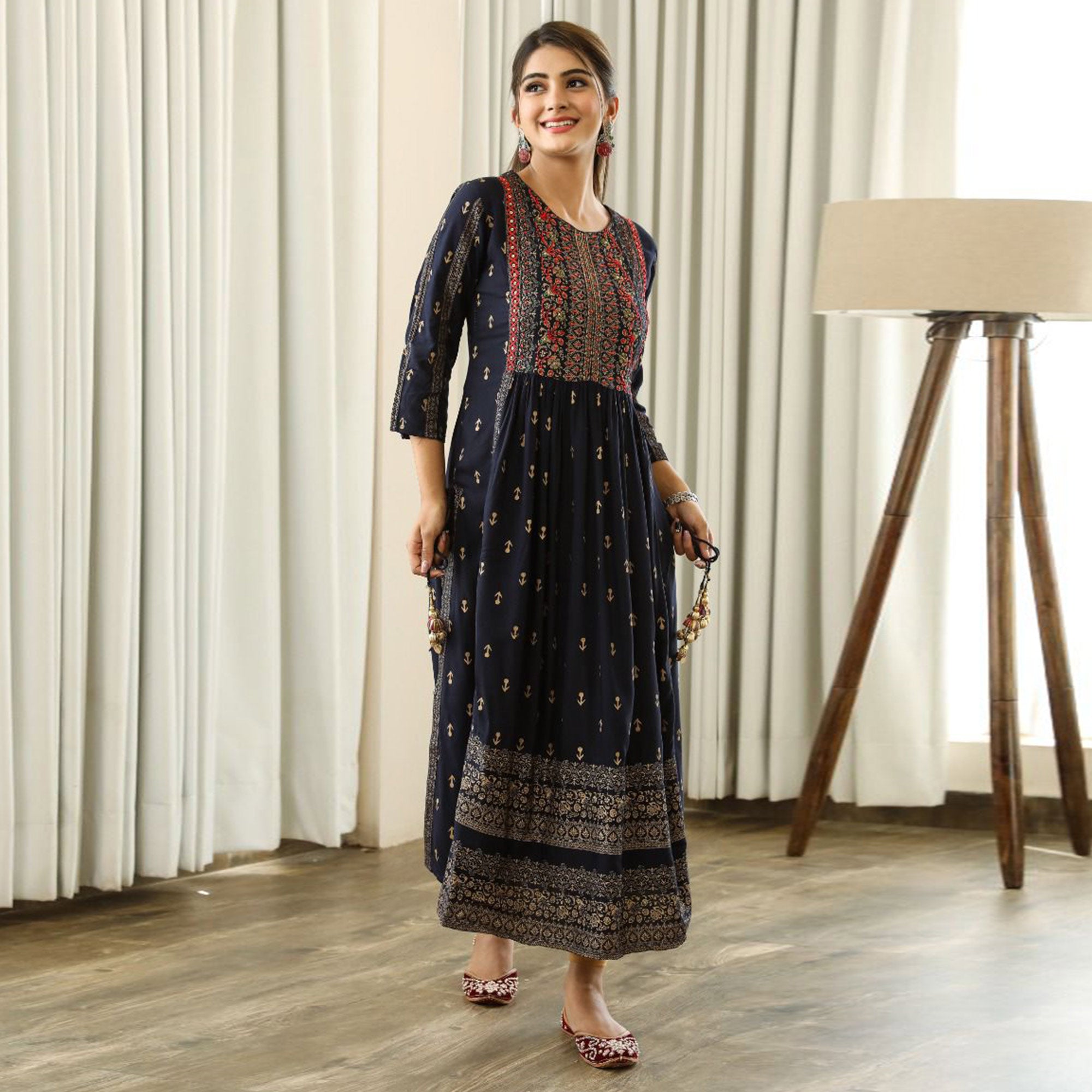 Black Printed With Embroidered Rayon Nair Cut Kurti