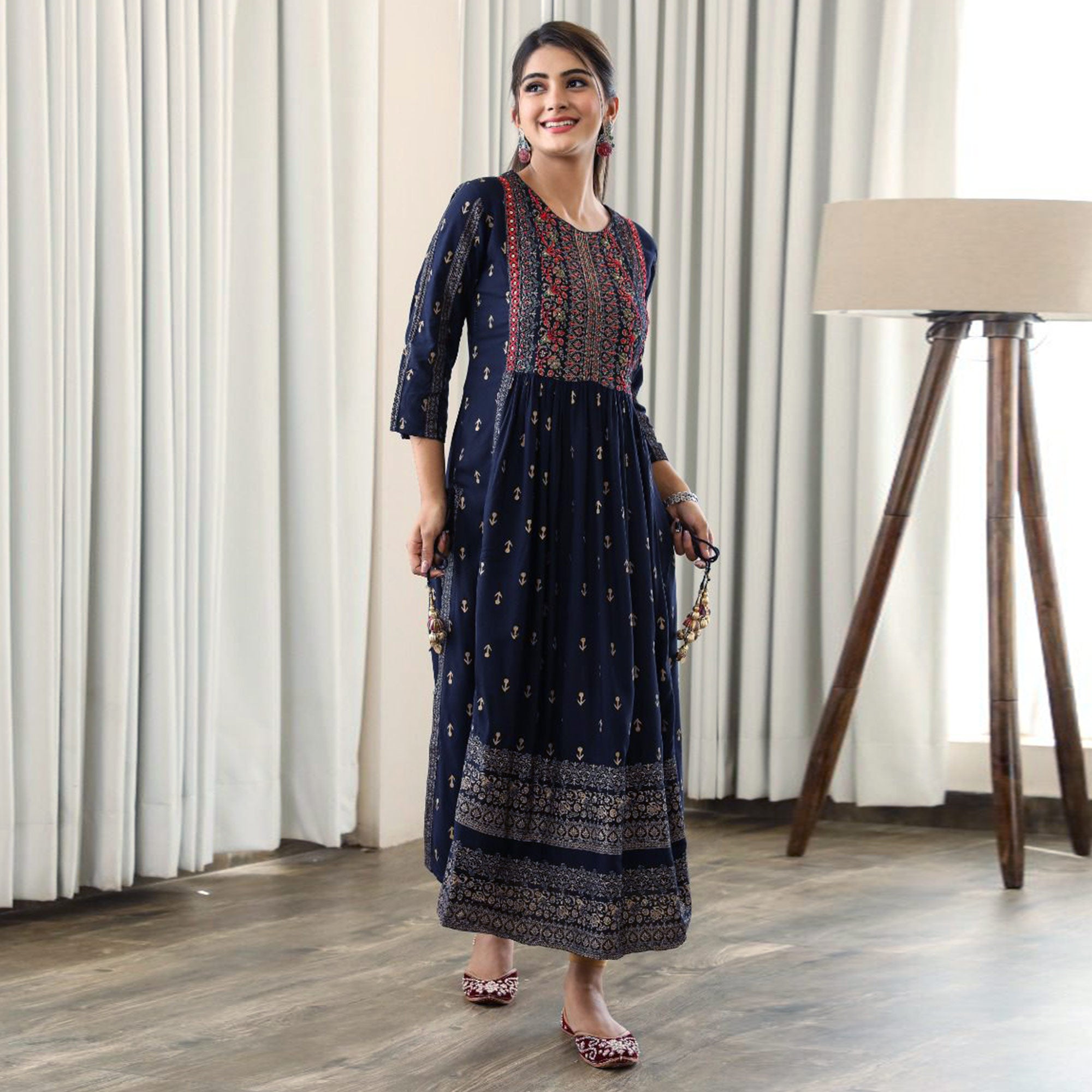 Blue Printed With Embroidered Rayon Naira Cut Kurti