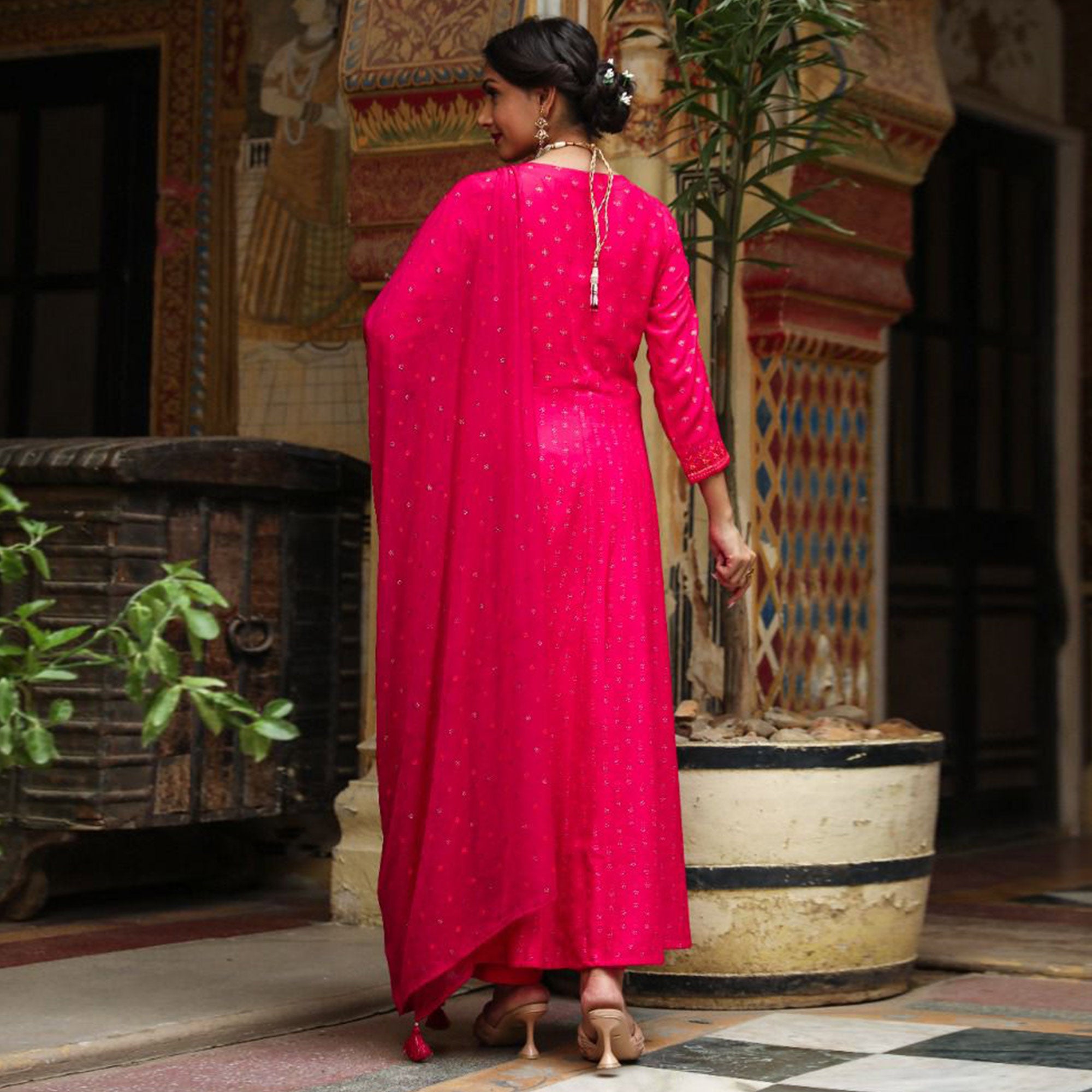 Pink Printed & Embroidered Rayon Anarkali Suit