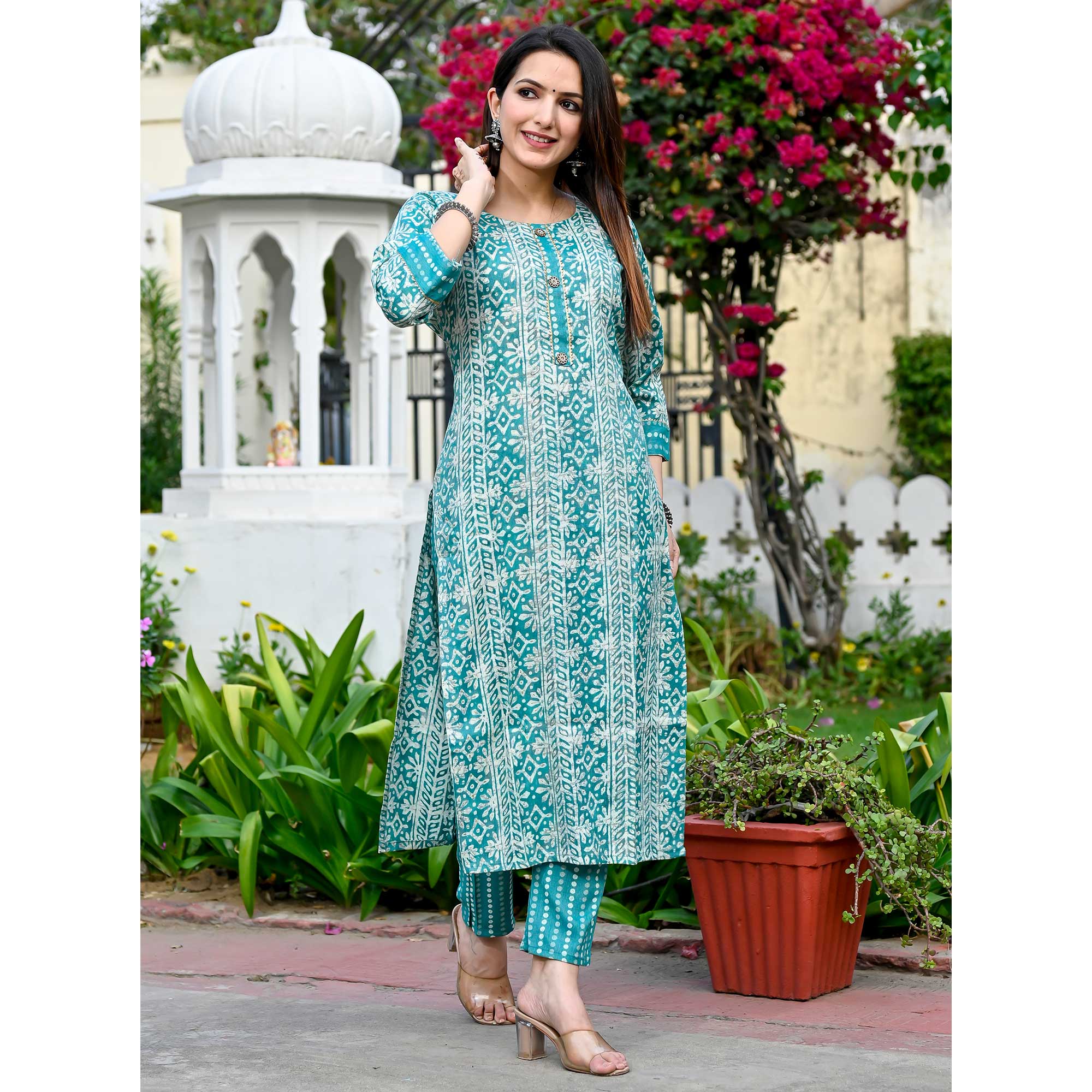 Rama Blue Floral Foil Printed Rayon Suit