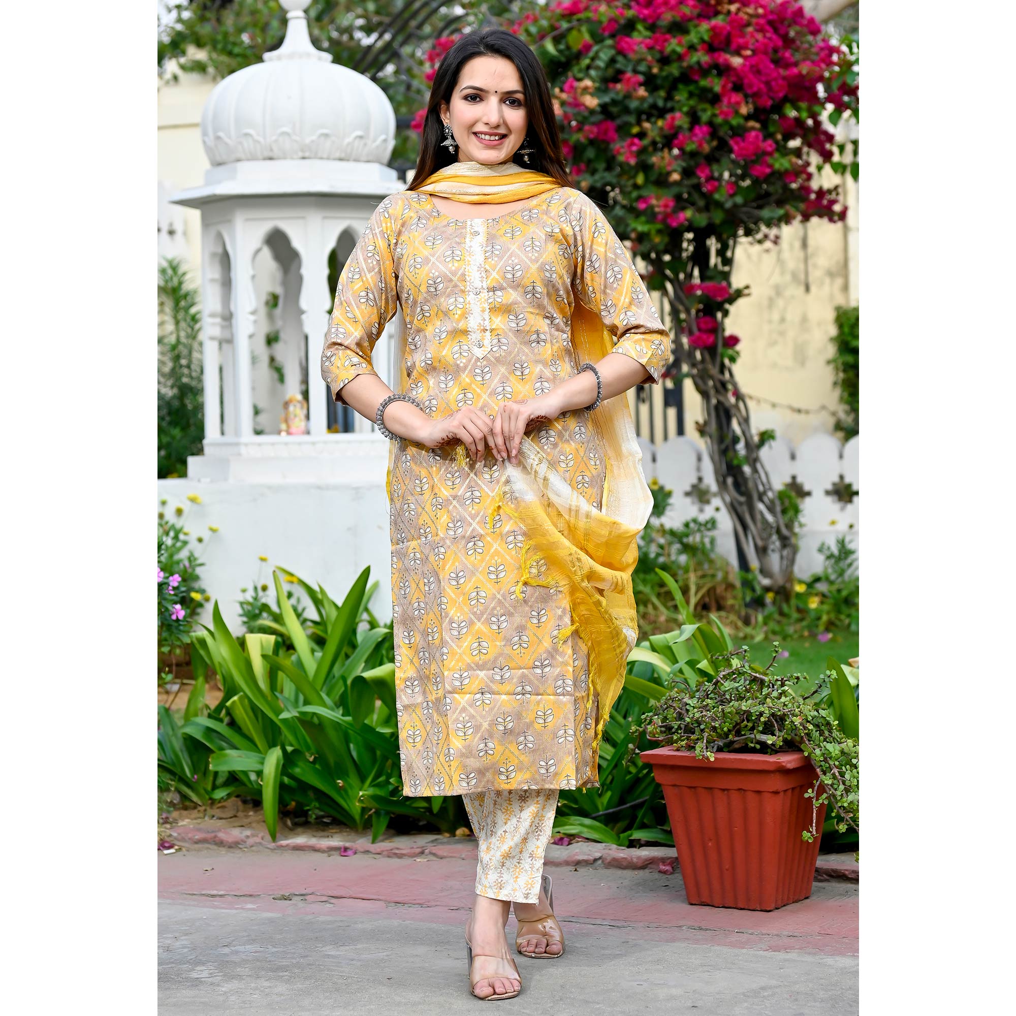 Yellow Floral Foil Printed Rayon Suit