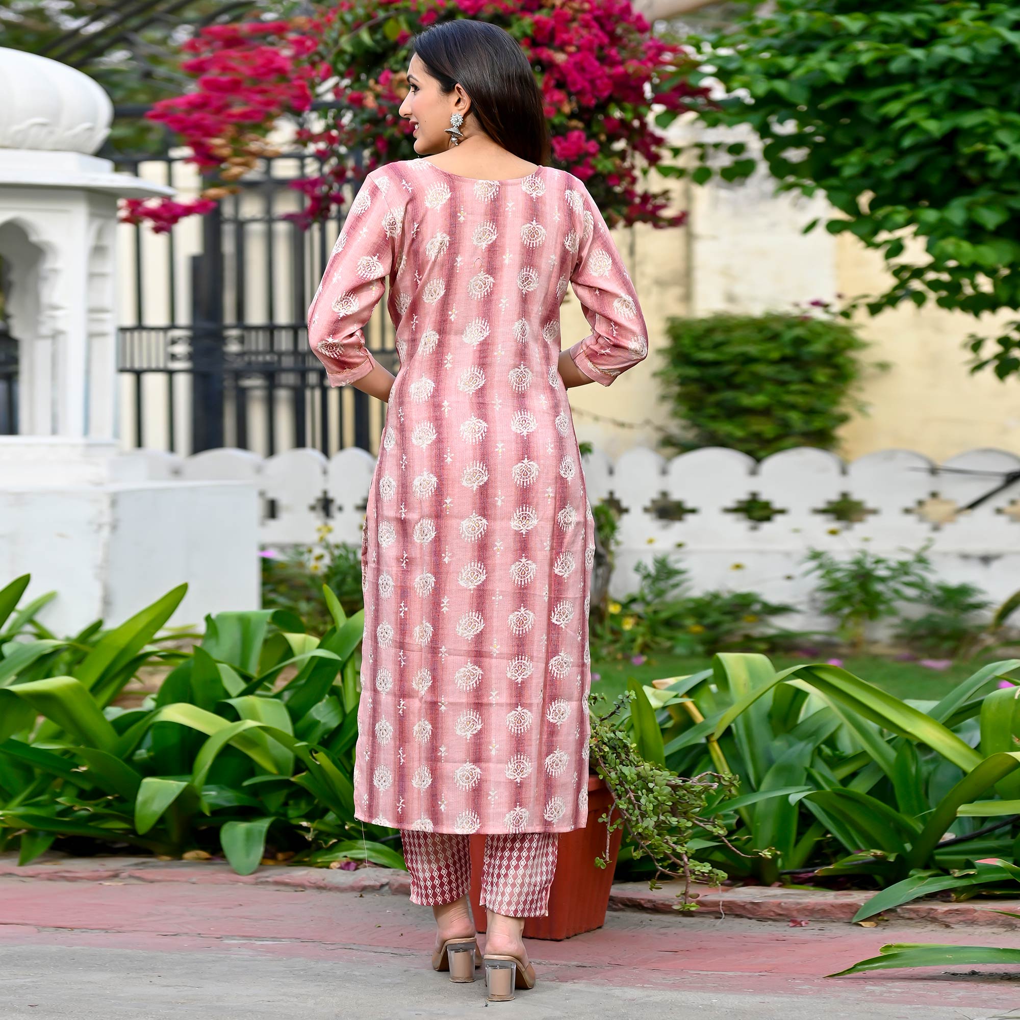 Peach Floral Foil Printed Rayon Suit