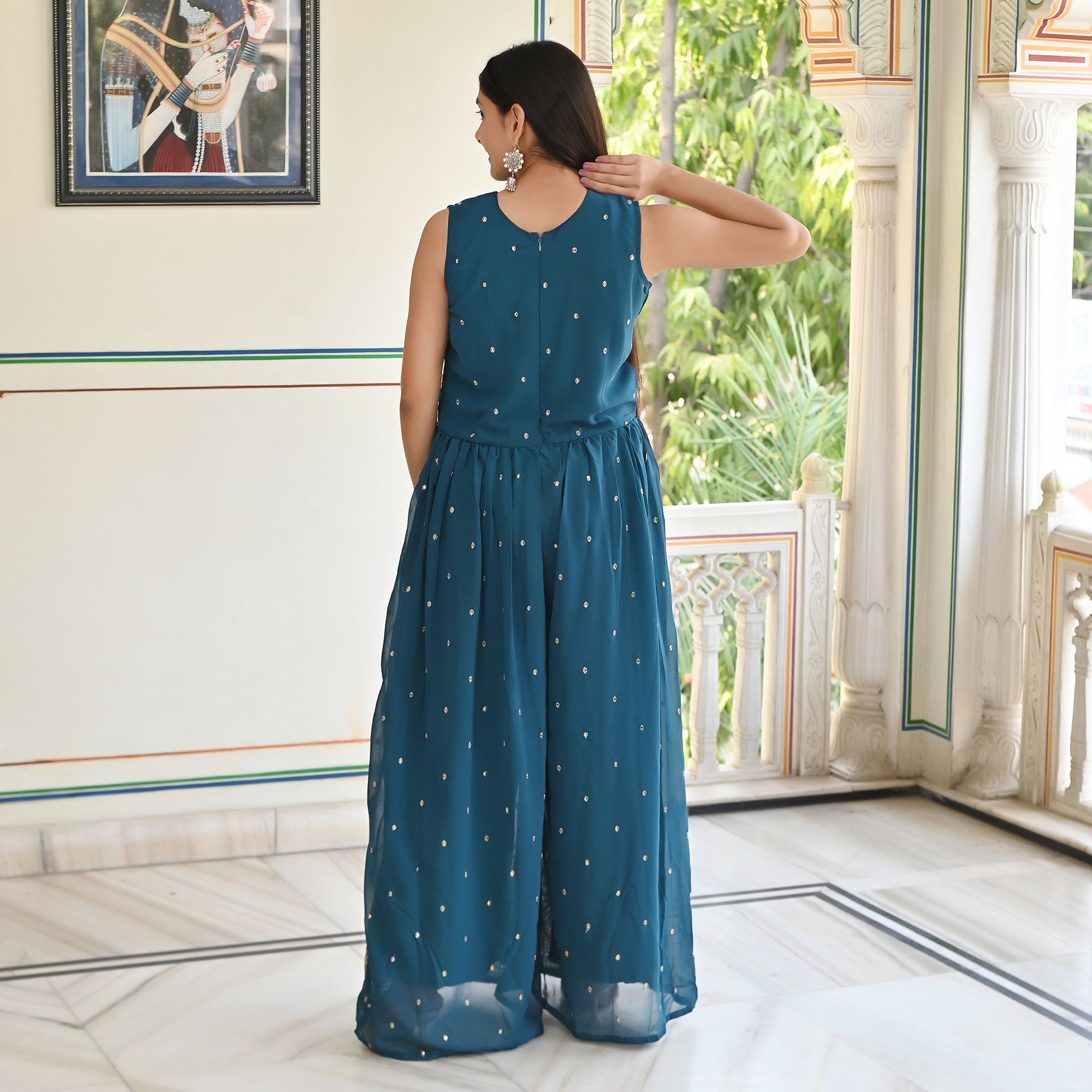 Blue Sequins Embroidered Georgette Jumpsuit