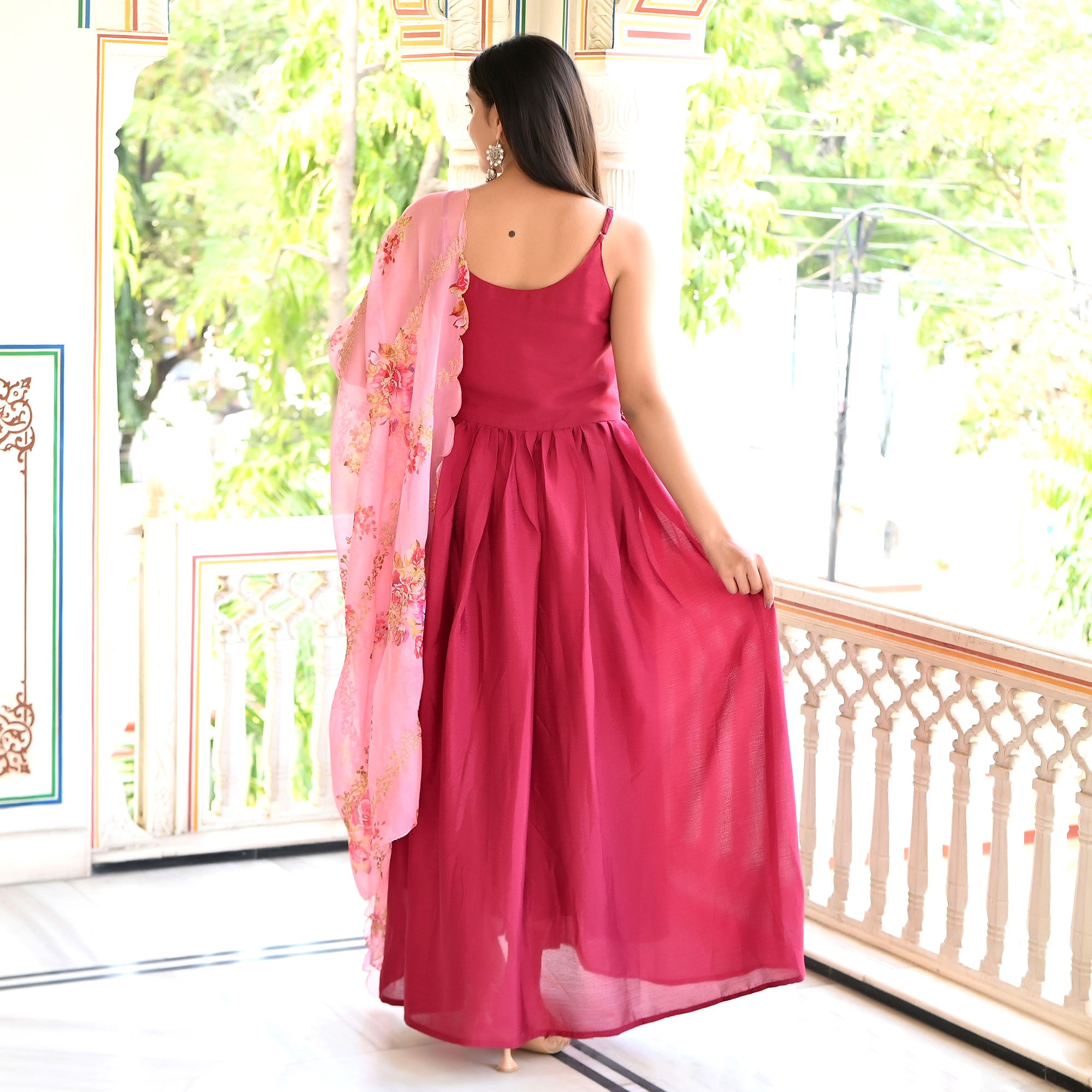 Pink Solid Chiffon Gown With Dupatta