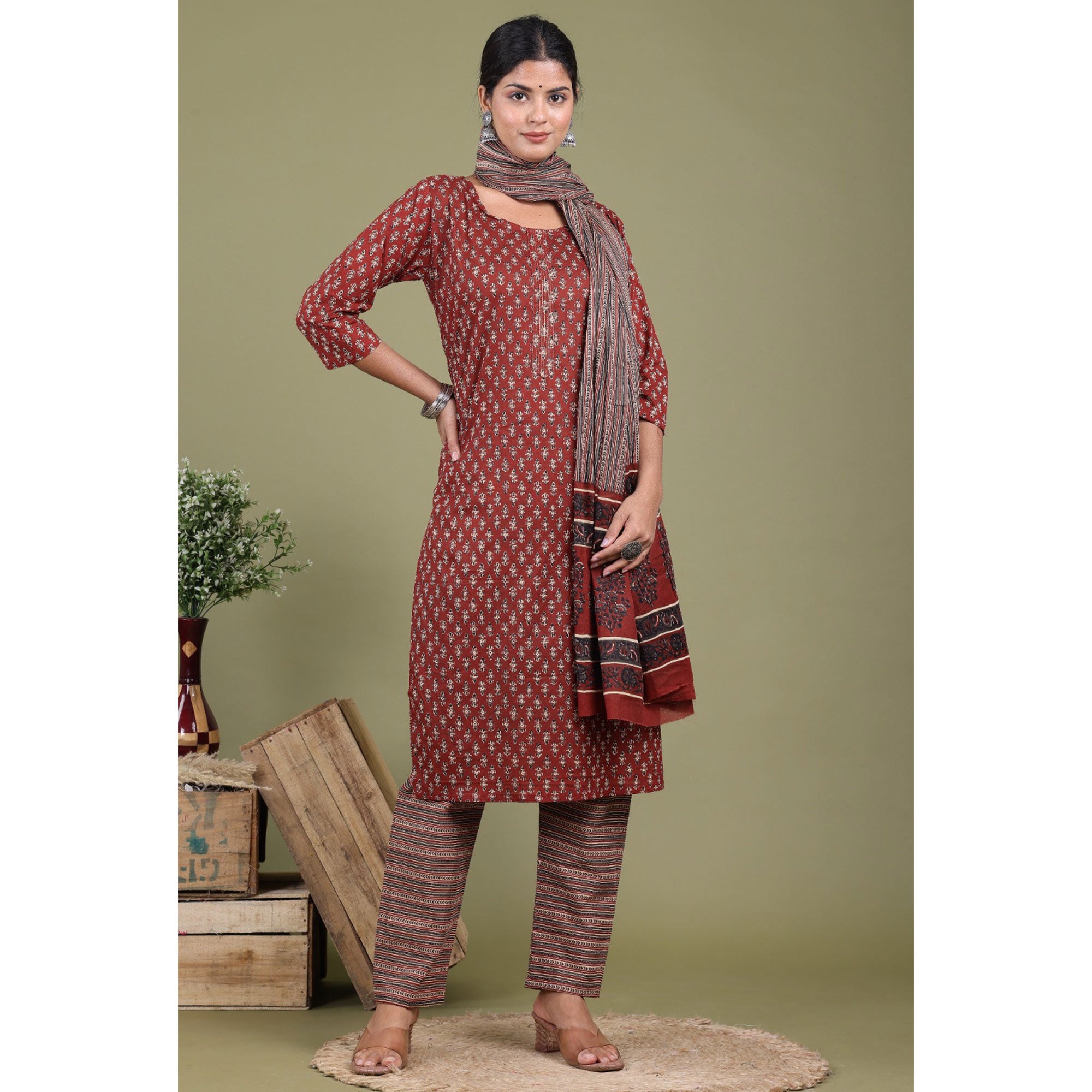 Maroon Floral Printed Pure Cotton Suit