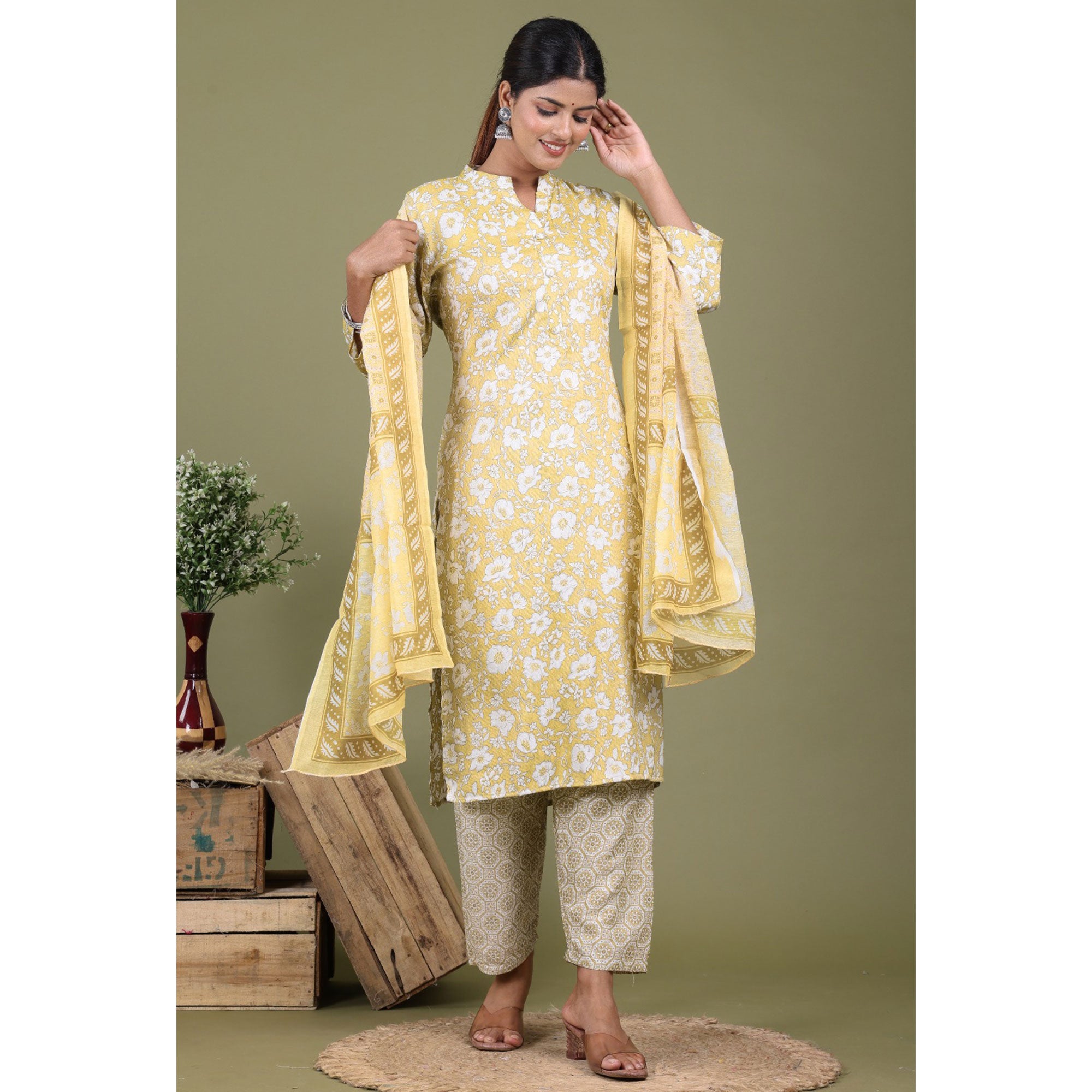 Yellow Floral Foil Printed Rayon Suit