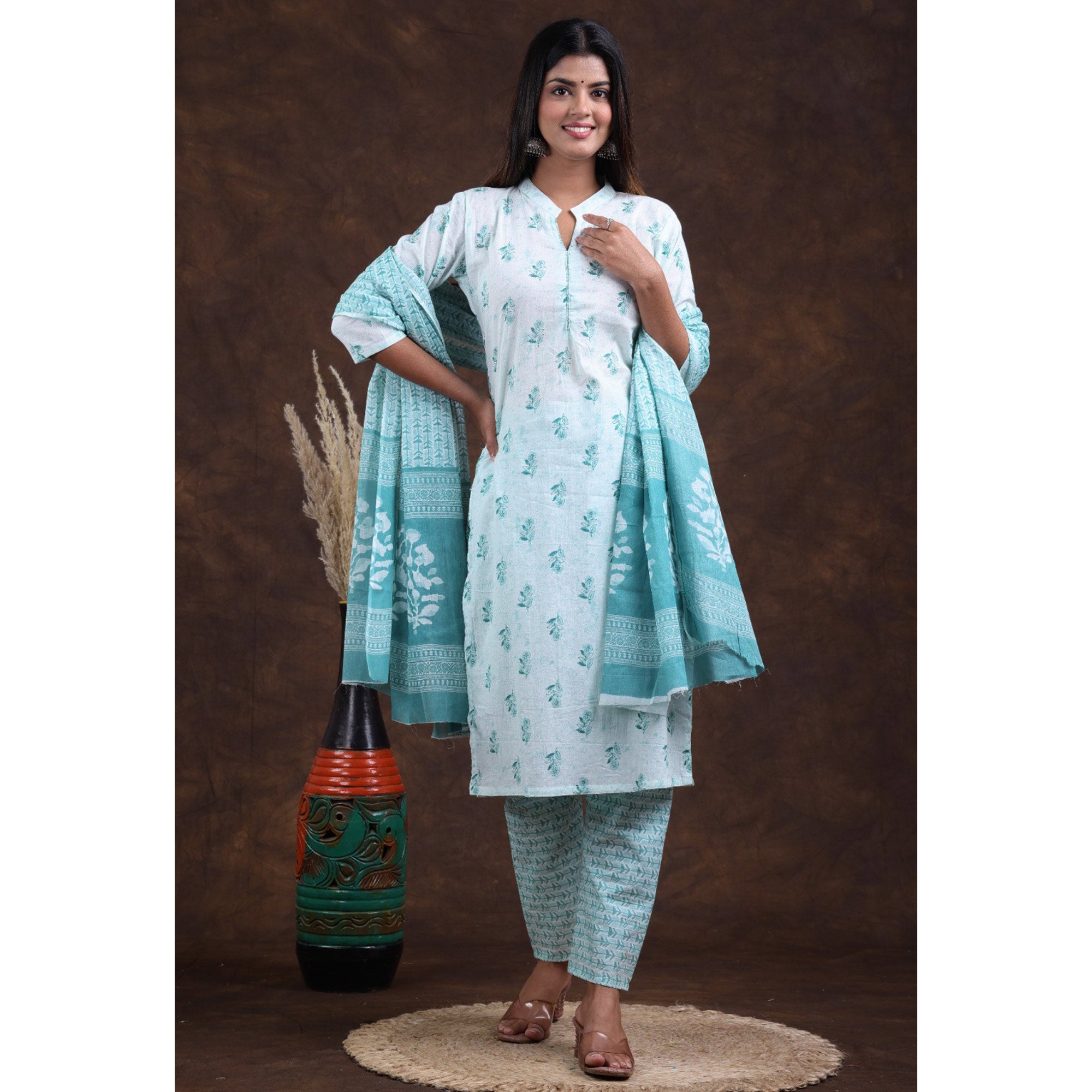 White-Rama Blue Jaipuri Printed Pure Cotton Suit