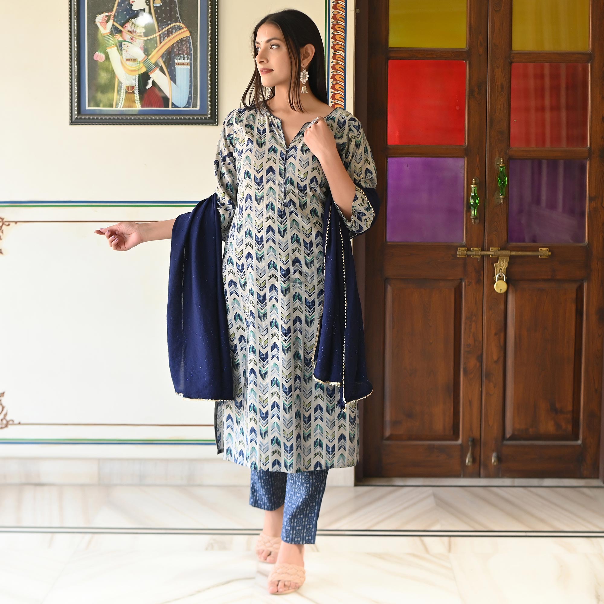 Blue Printed Chanderi Salwar Suit