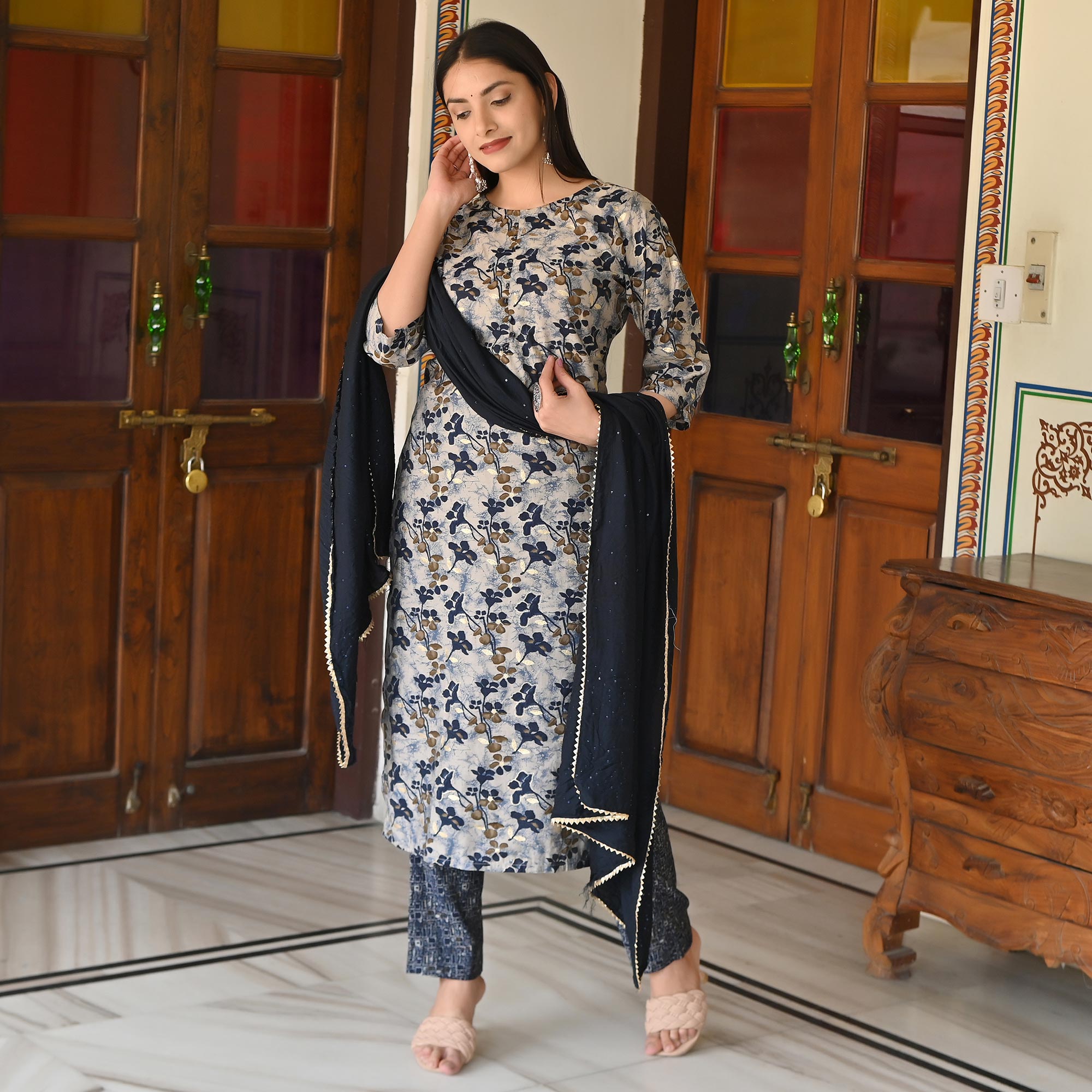 Blue Printed Chanderi Salwar Suit