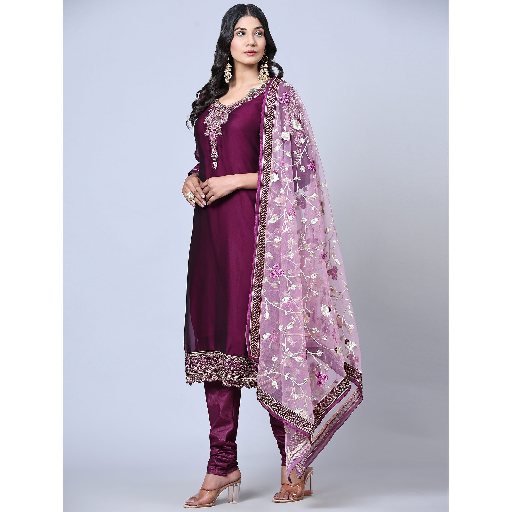 Purple Embroidered Georgette Partywear Suit