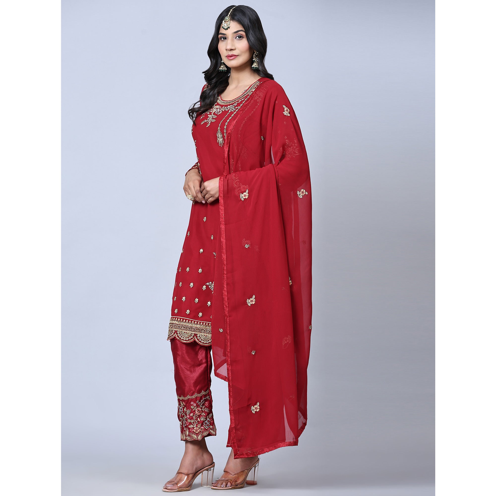 Maroon Embroidered Gerorgette Straight Partywear Suit