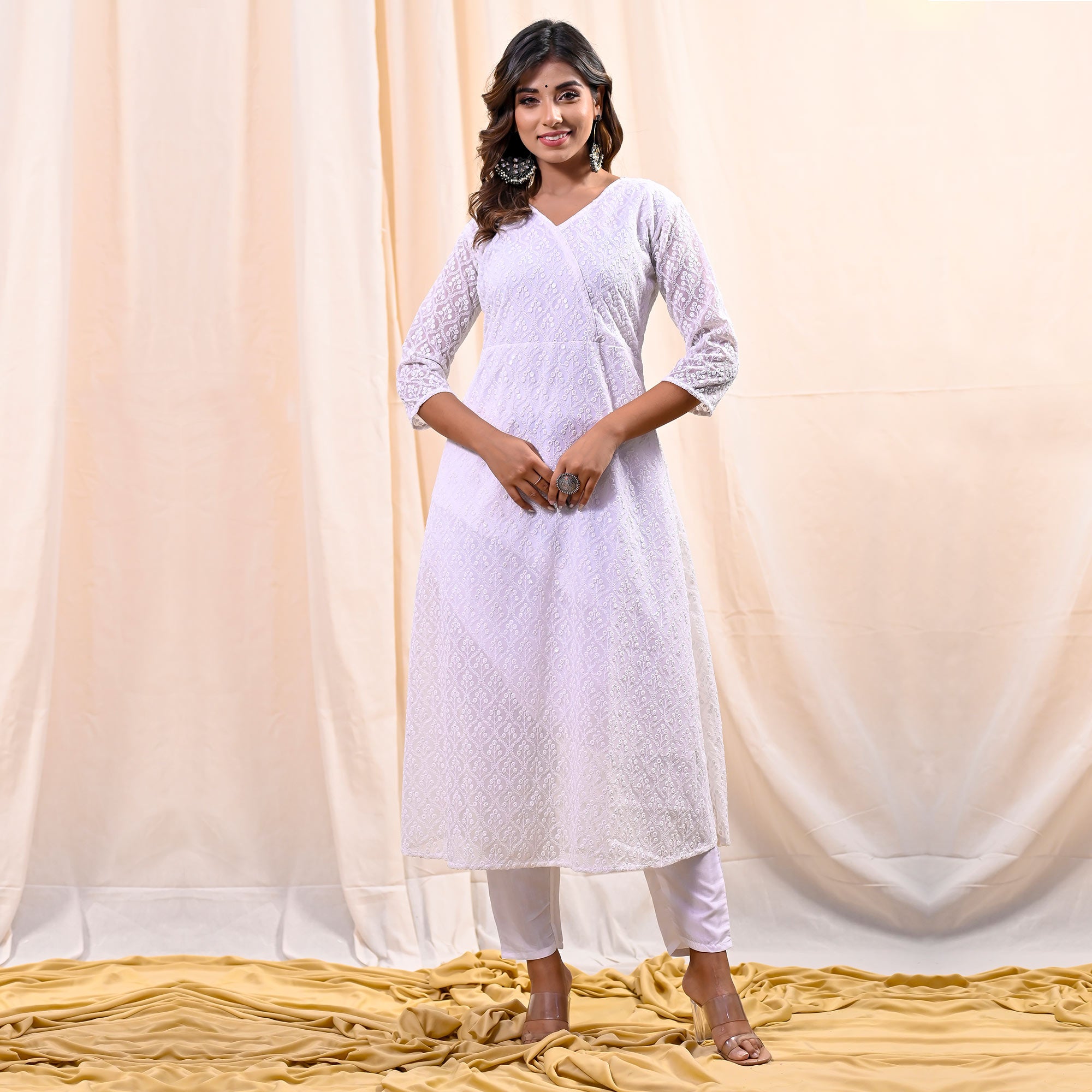 White Chikankari Work Georgette Anarkali Suit
