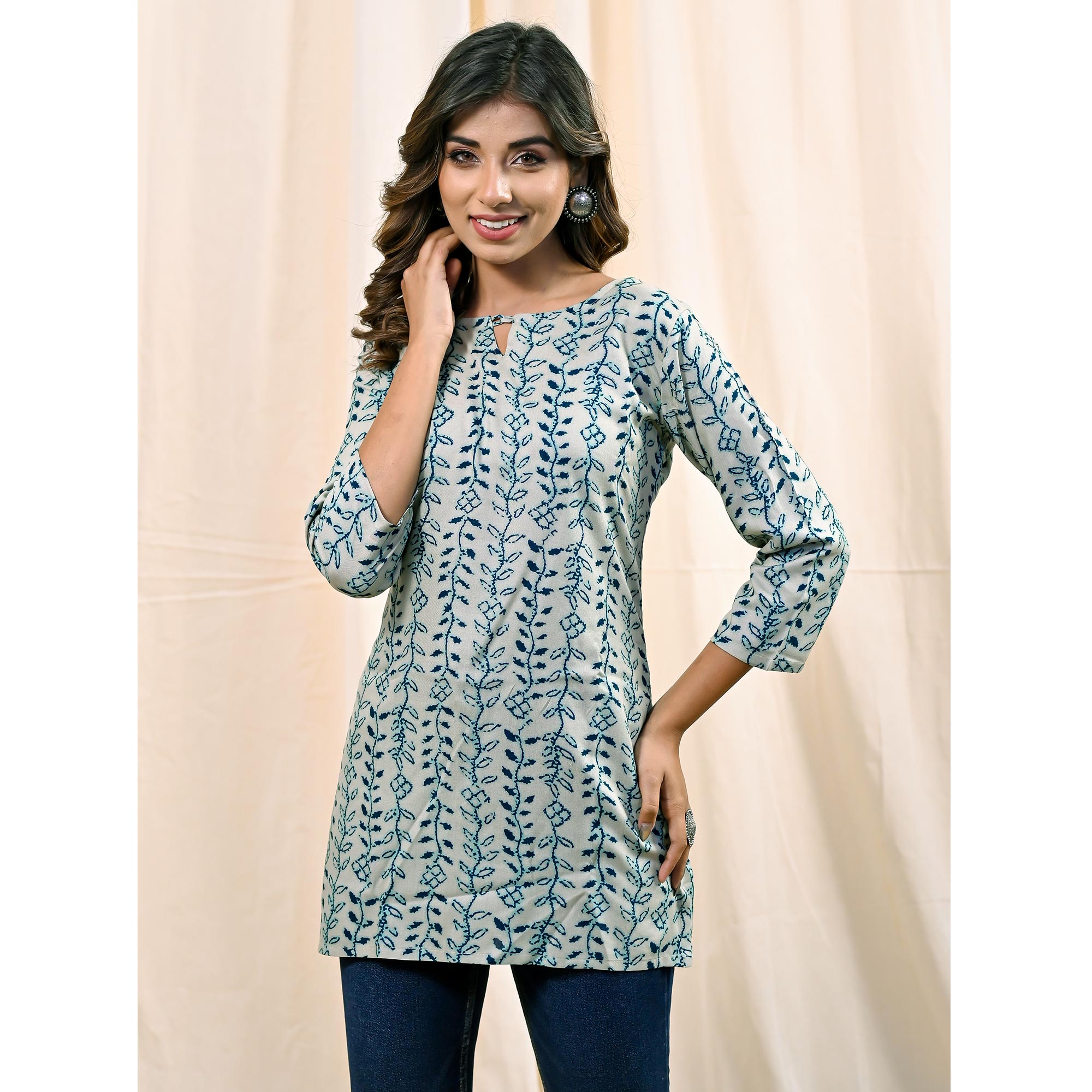 Aqua Floral Printed Rayon Top