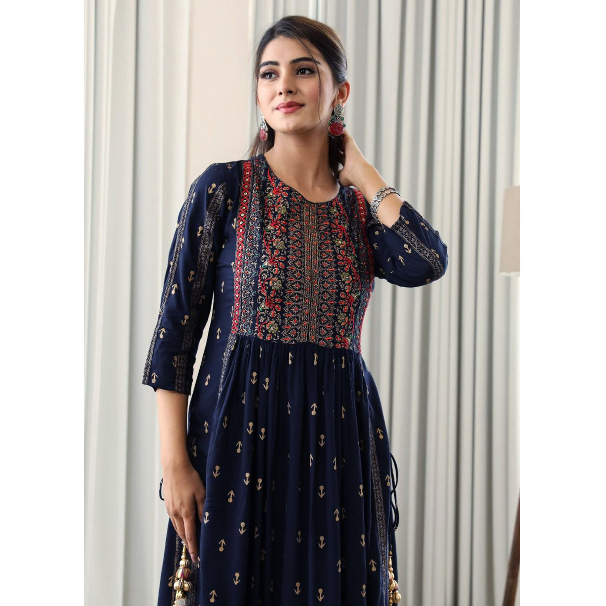 Blue Printed With Embroidered Rayon Naira Cut Kurti