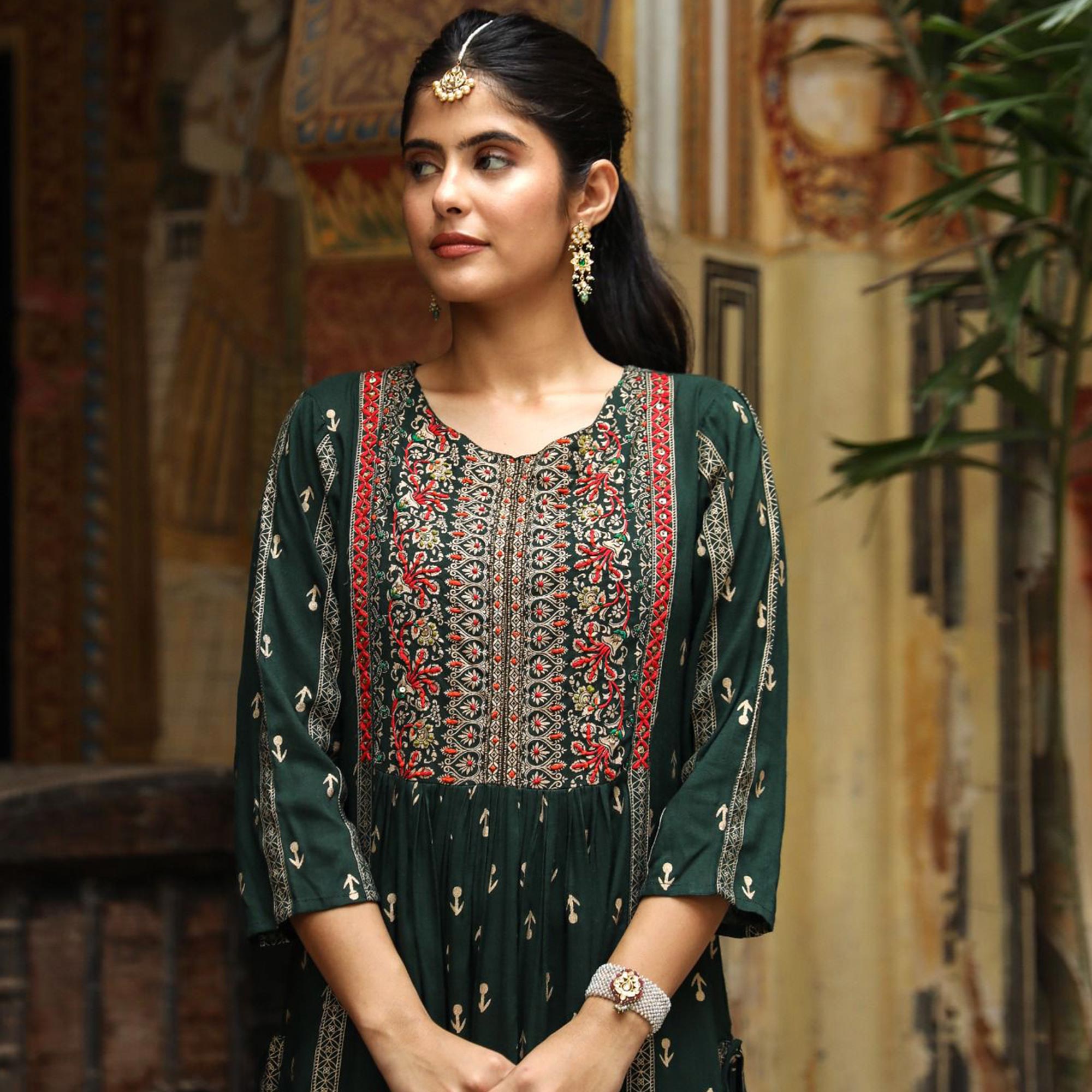 Green Printed With Embroidered Rayon Naira Cut Kurti