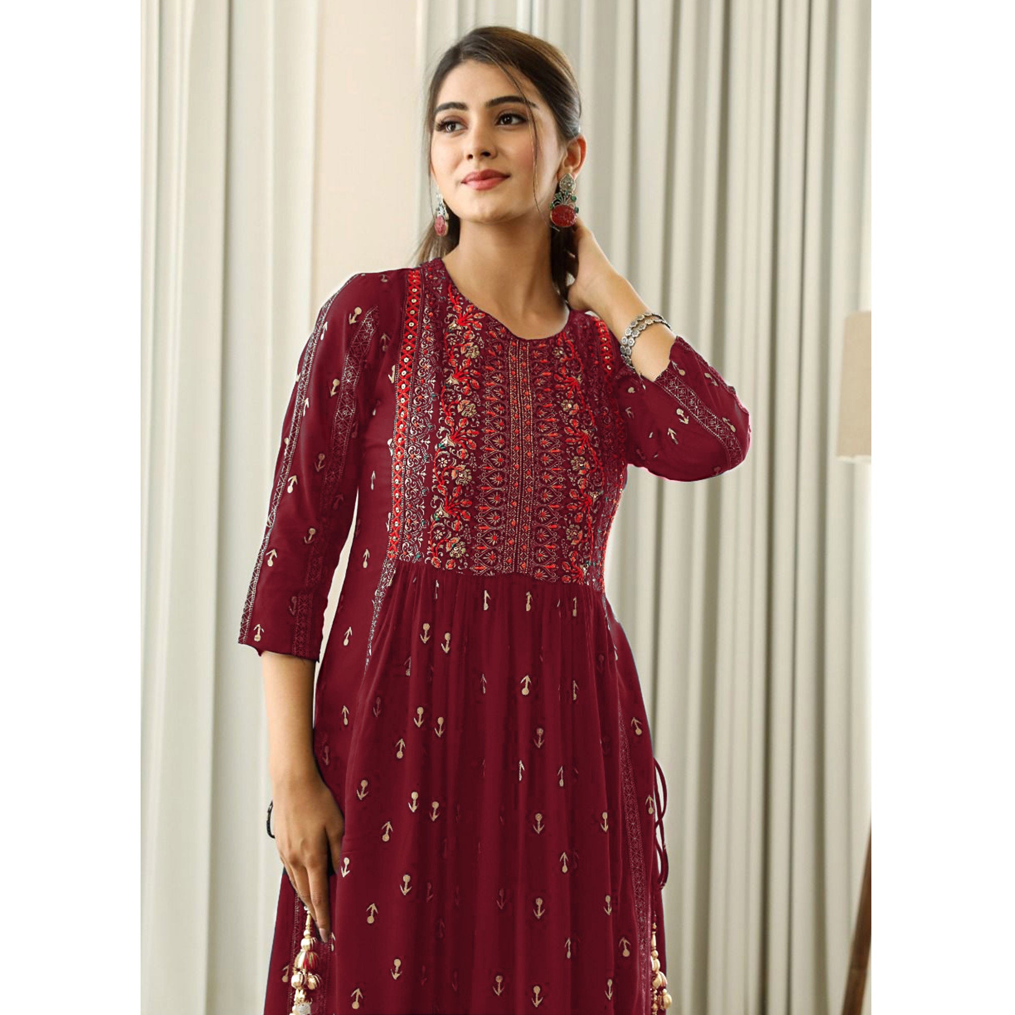 Maroon Printed With Embroidered Rayon Naira Cut Kurti
