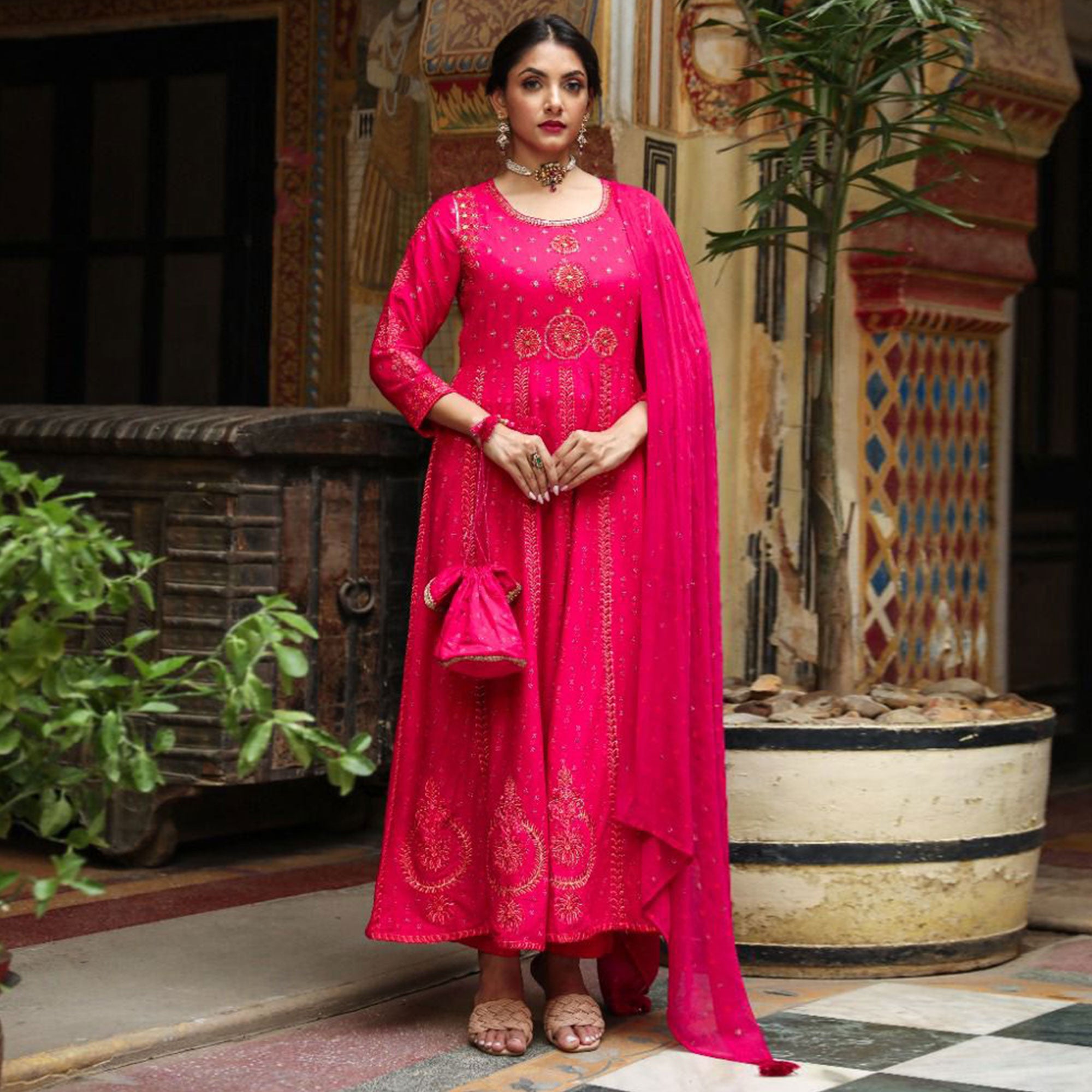 Pink Printed & Embroidered Rayon Anarkali Suit