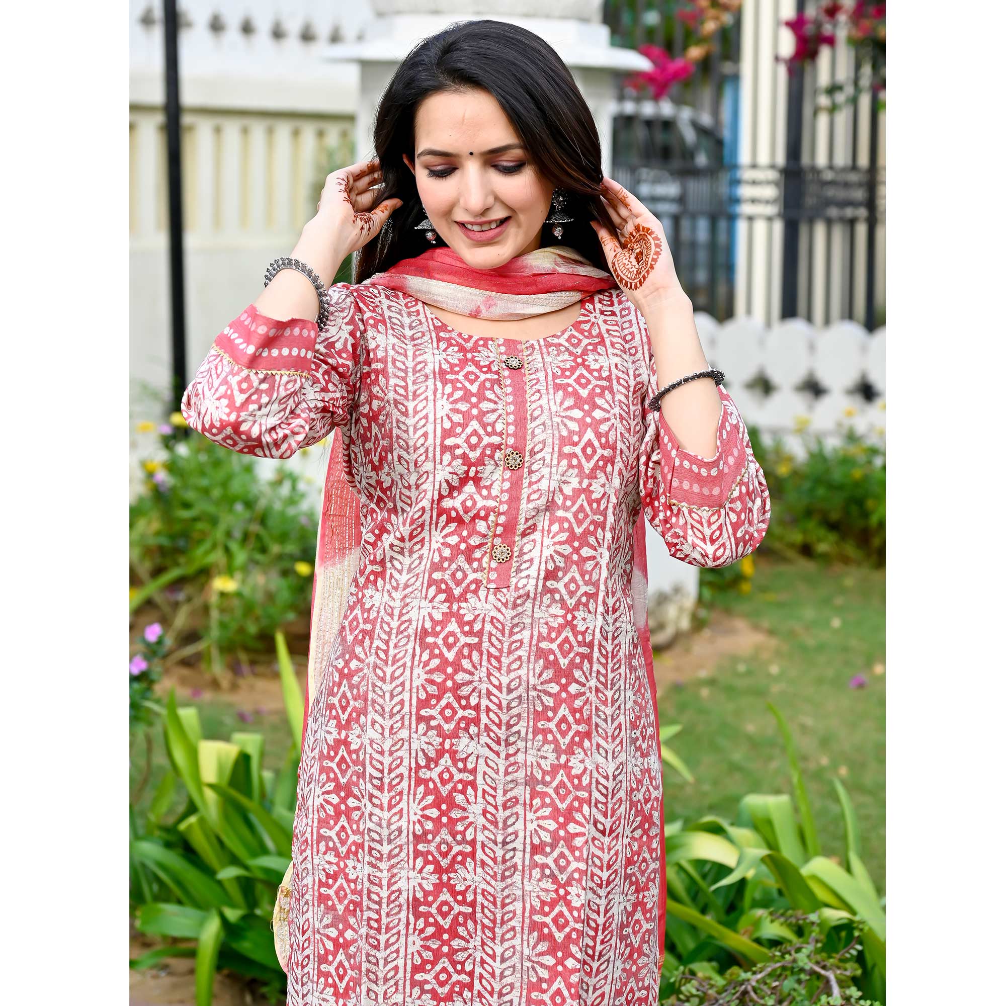 Peach Floral Foil Printed Rayon Suit