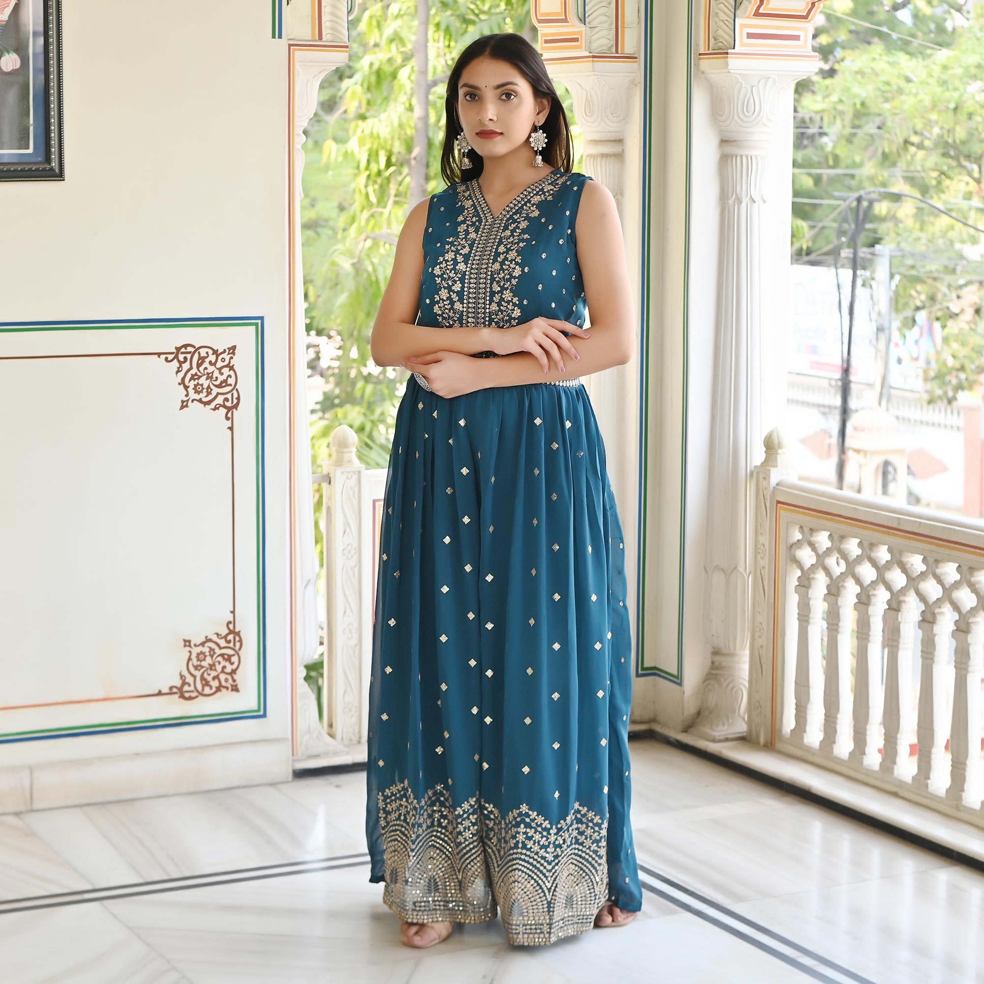 Blue Sequins Embroidered Georgette Jumpsuit