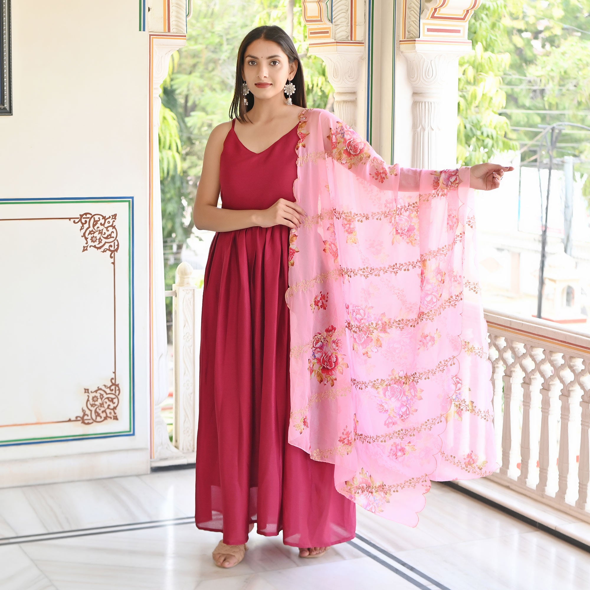 Pink Solid Chiffon Gown With Dupatta