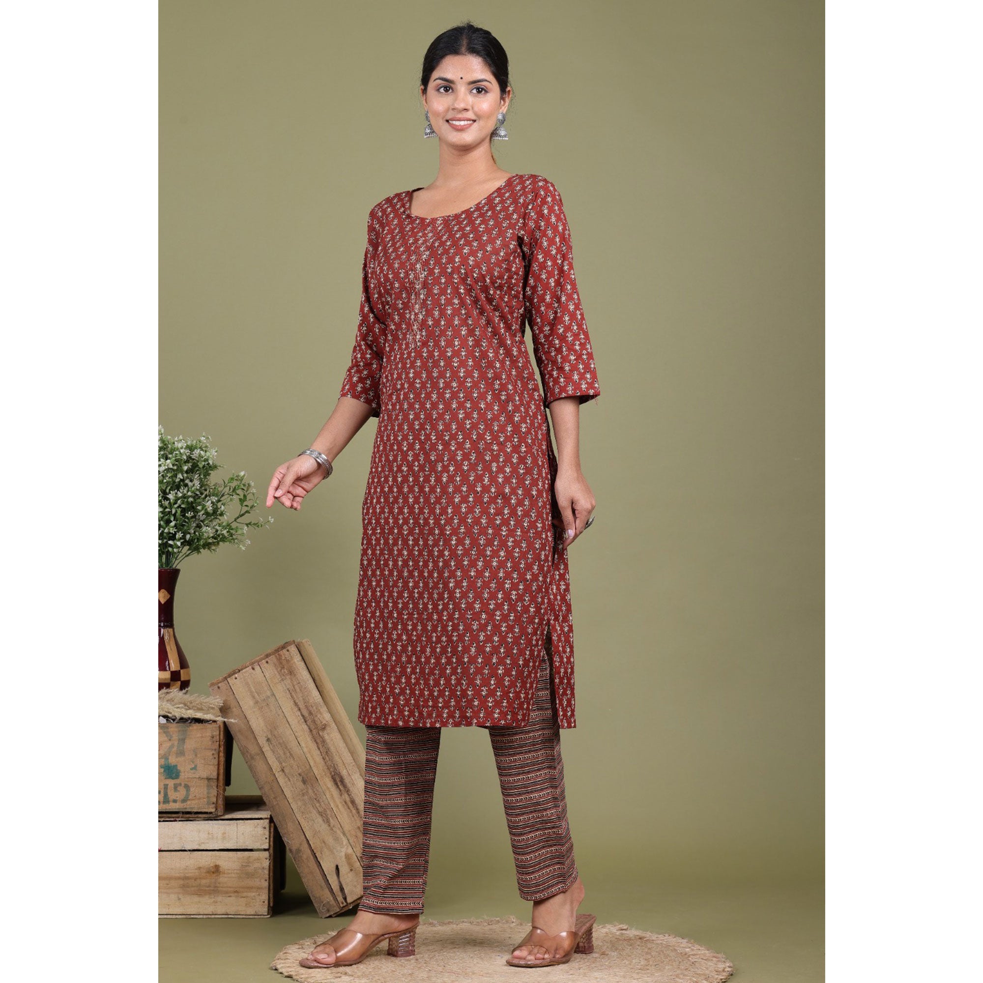 Maroon Floral Printed Pure Cotton Suit