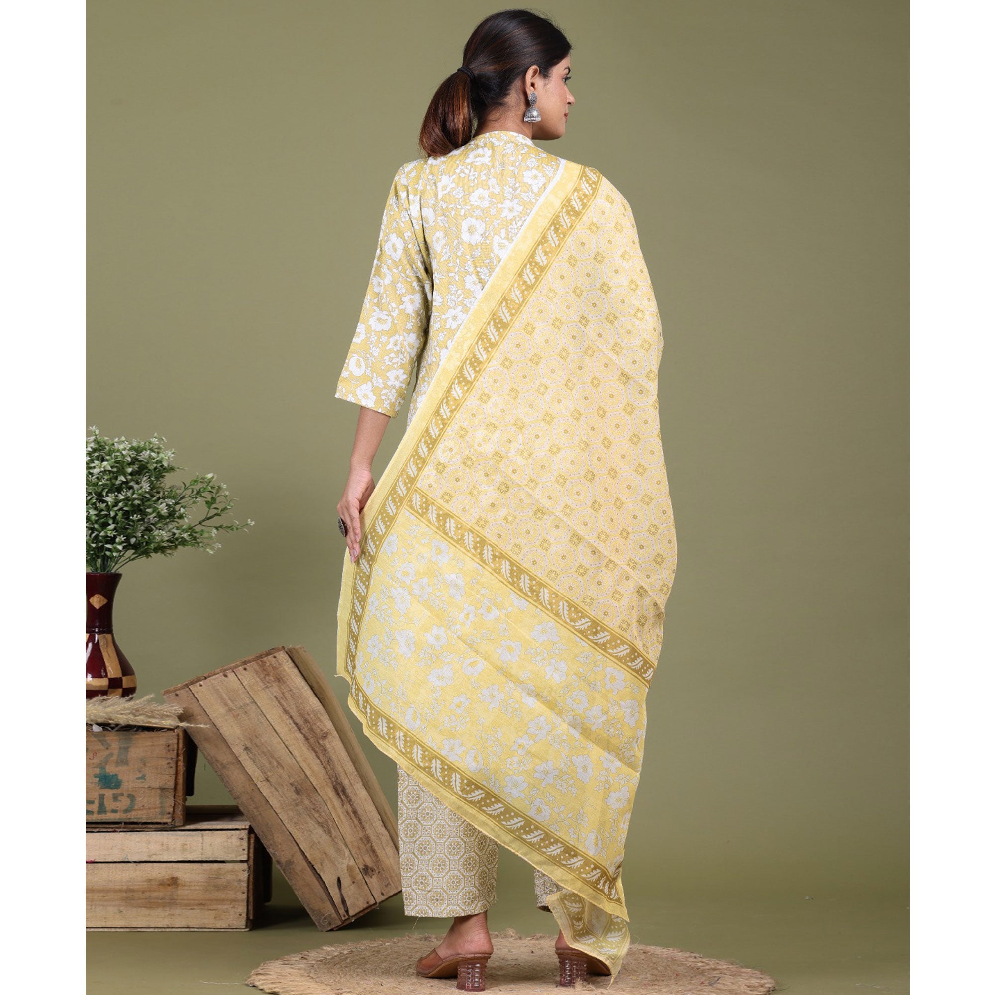 Yellow Floral Foil Printed Rayon Suit