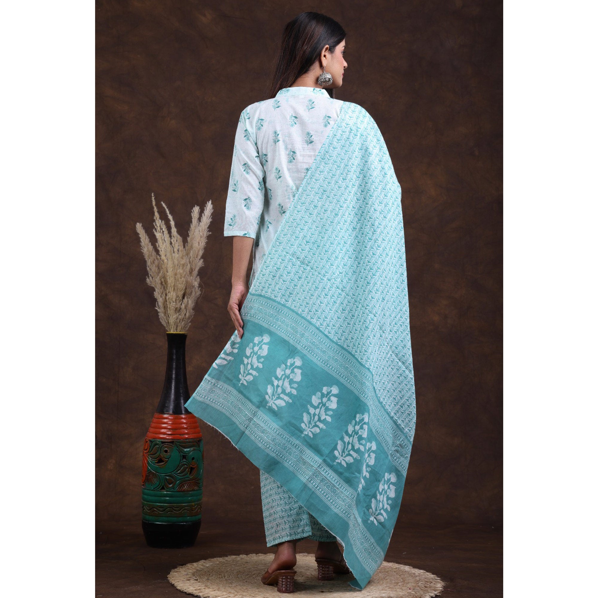 White-Rama Blue Jaipuri Printed Pure Cotton Suit