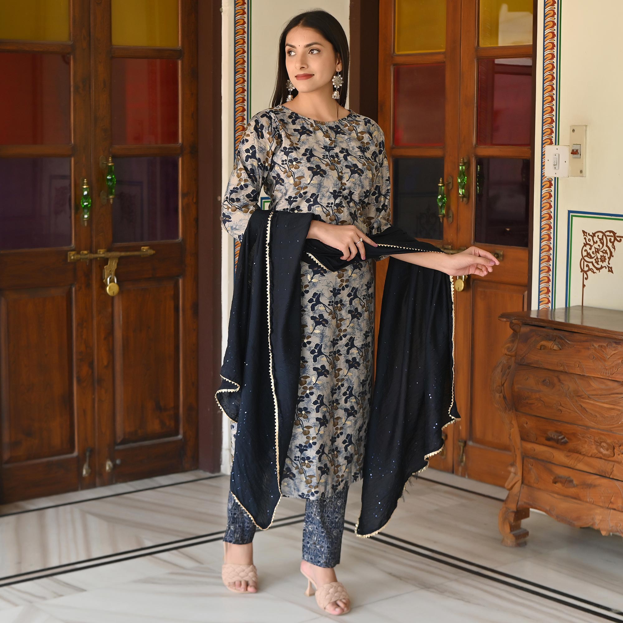 Blue Printed Chanderi Salwar Suit