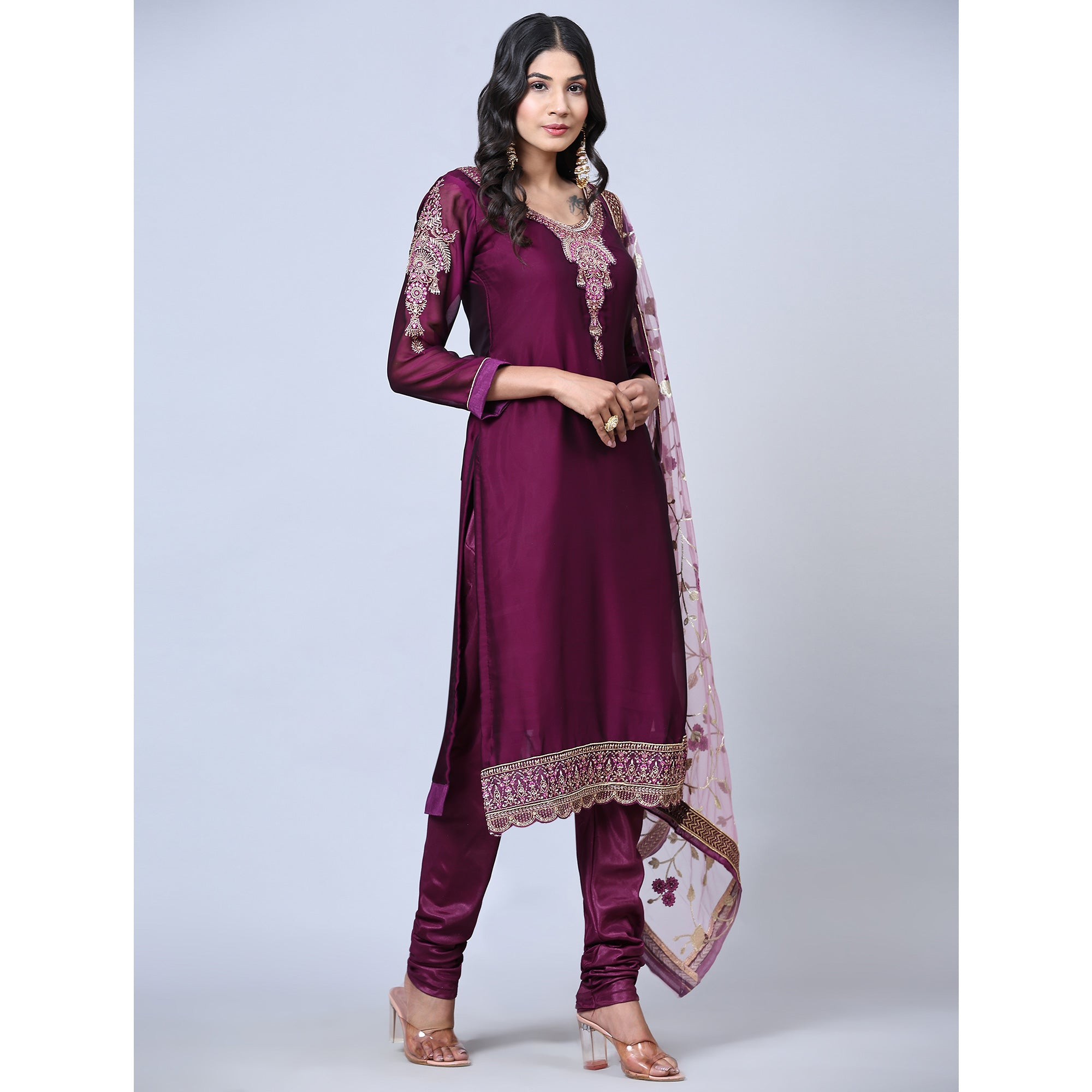 Purple Embroidered Georgette Partywear Suit