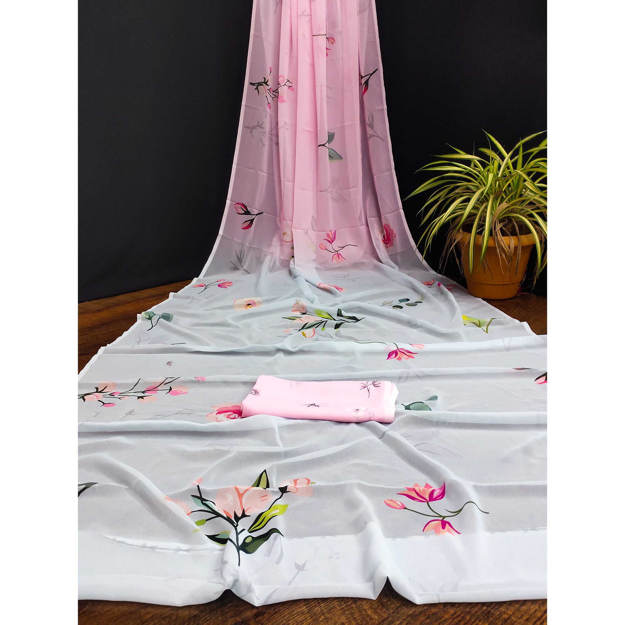 Pink-Blue Printed Half & Half Georgette Saree